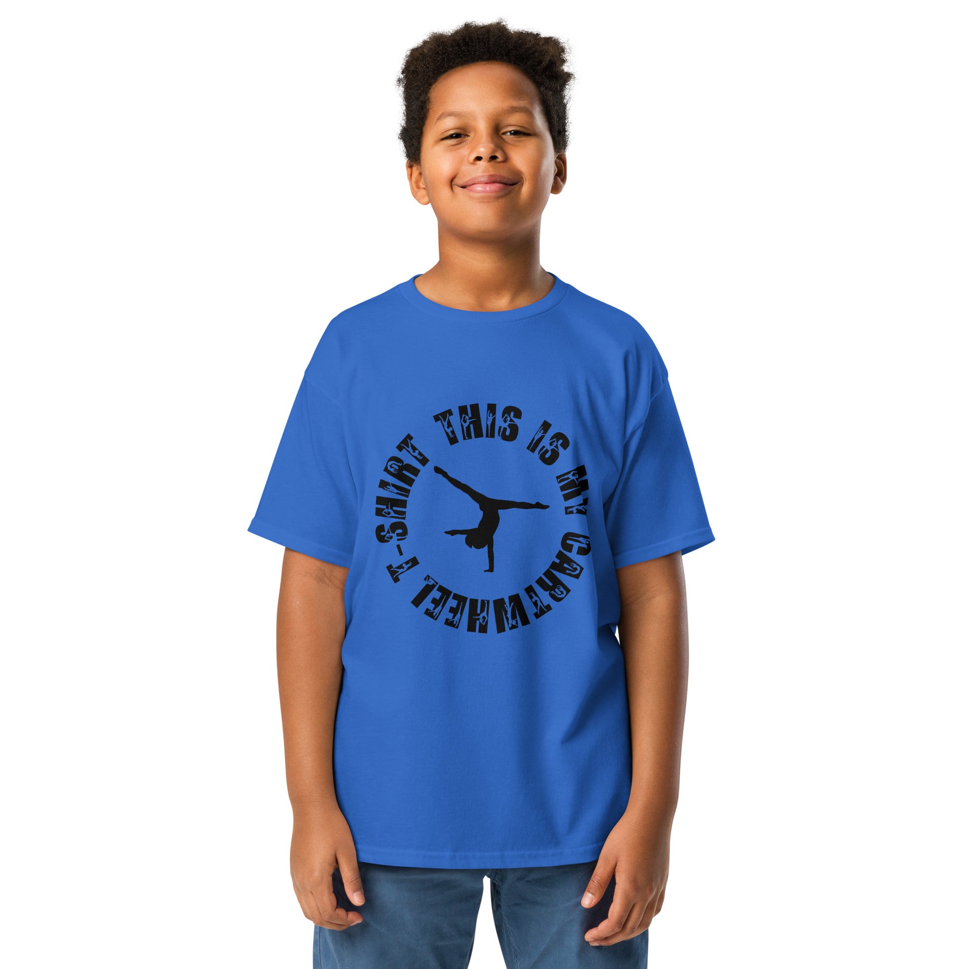 Kids gymnastics T-shirt in blue, short sleeves, black dancer graphic