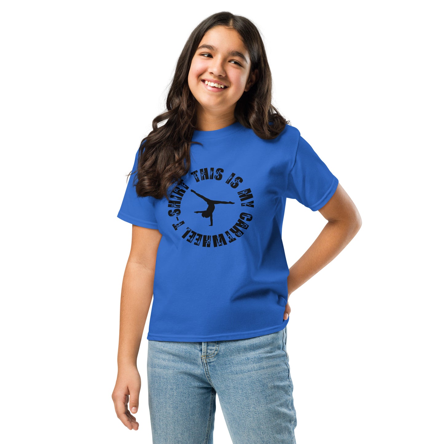 Kids gymnastics T-shirt in royal blue with black gymnast graphic on front.