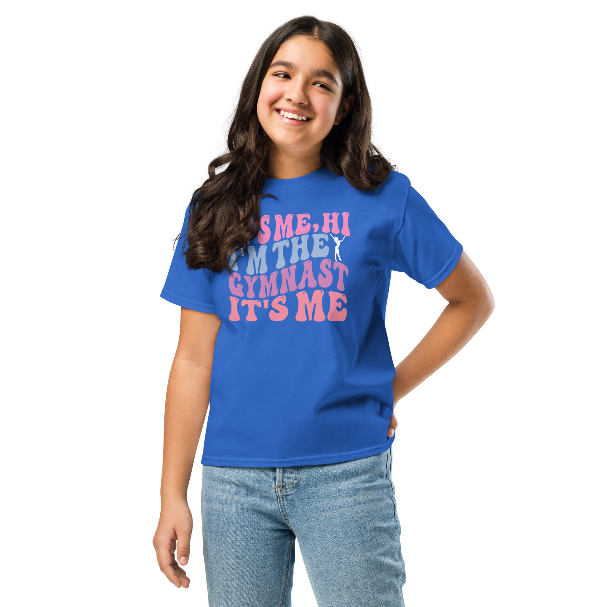 Kids royal blue gymnast T-shirt with pink graphic text design at center chest