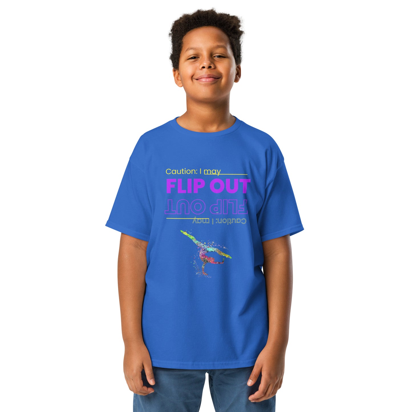 Kids gymnastics T-shirt, royal blue, 'FLIP OUT' neon graphic with gymnast silhouette