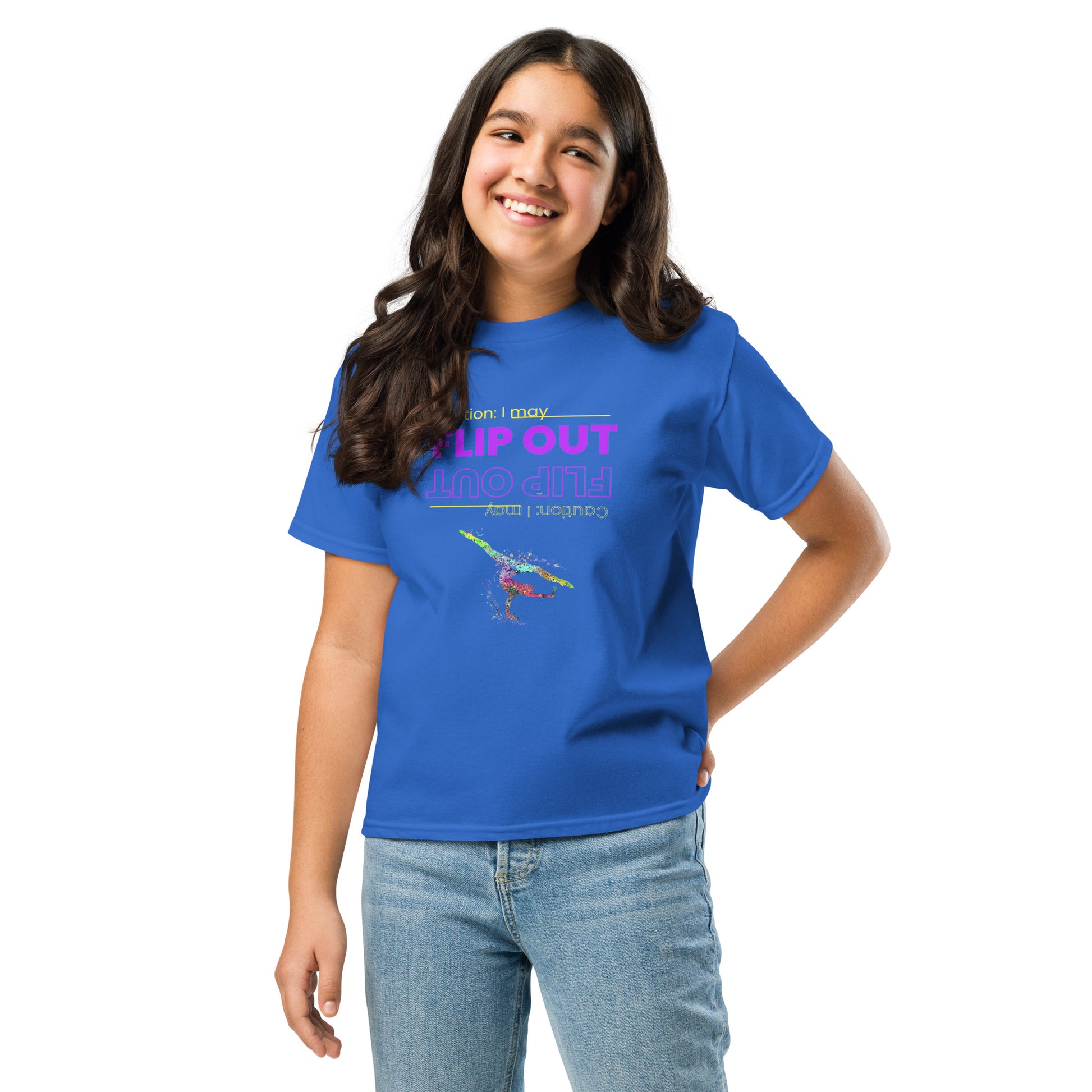 Kids gymnastics t-shirt in royal blue with colorful flip-out dancer graphic on front.