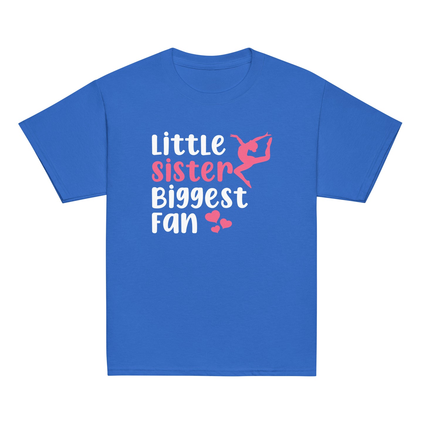 Royal blue kids gymnastics T-shirt with white “Little sister Biggest fan” graphic and pink details