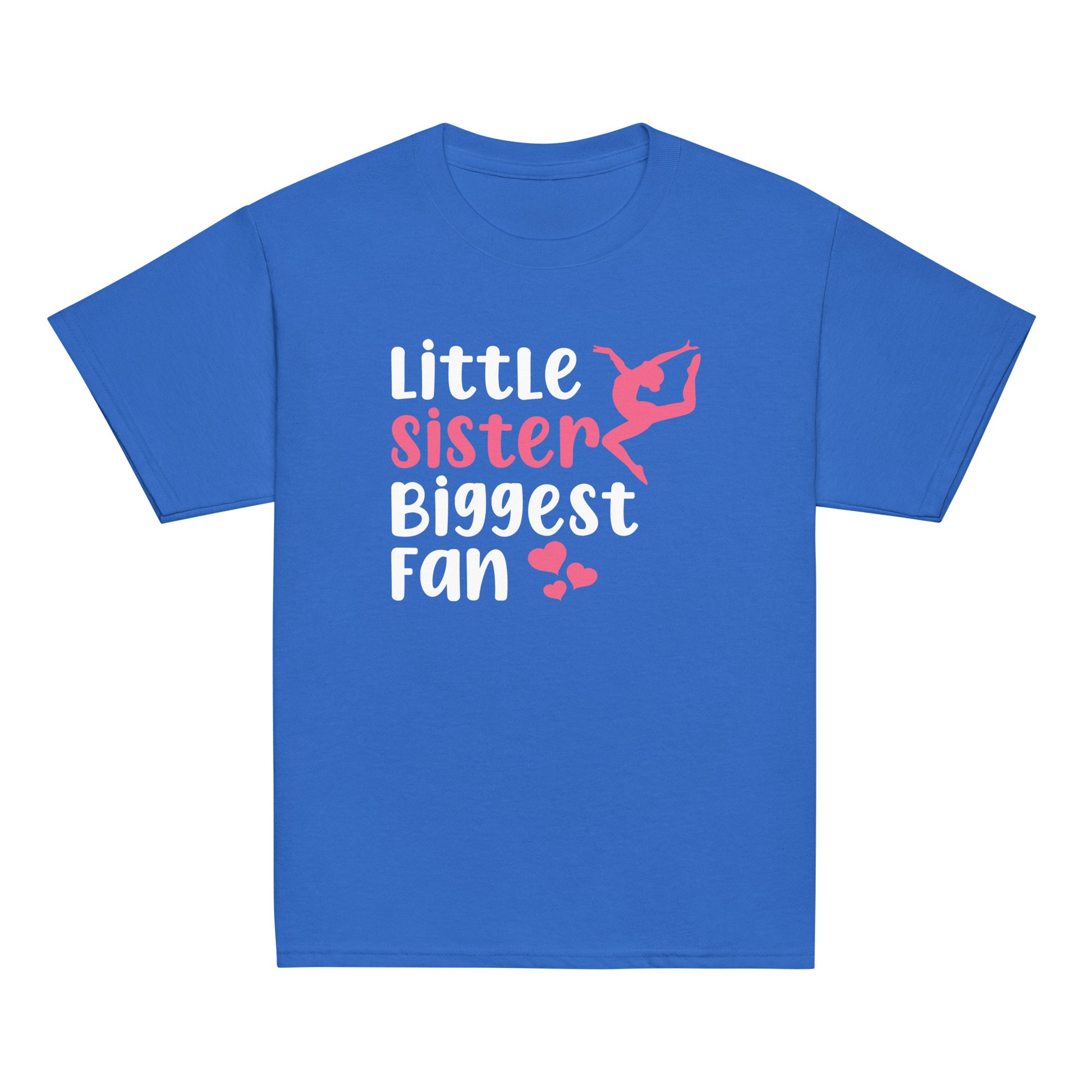 Royal blue kids gymnastics T-shirt with white “Little sister Biggest fan” graphic and pink details