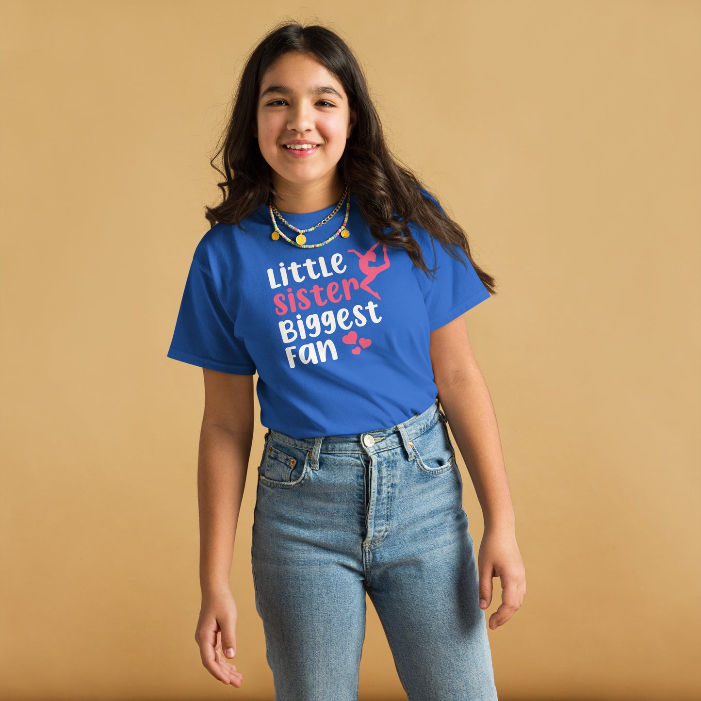 Blue kids gymnastics T-shirt with “Little sister Biggest fan” graphic and pink accents