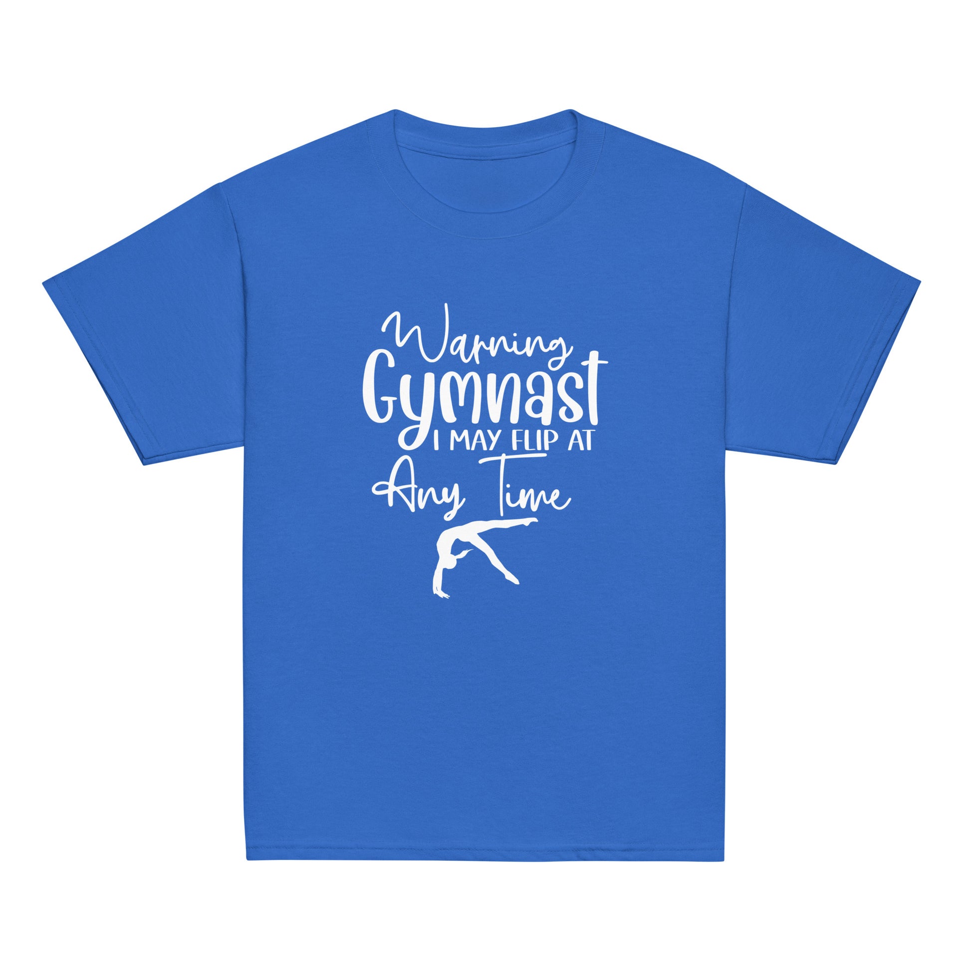 Kids gymnastics t-shirt in royal blue with white 'Warning Gymnast...' and flip silhouette