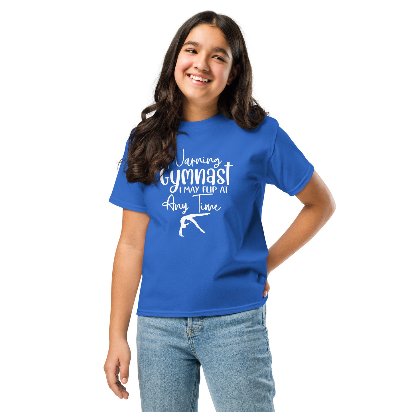 Kids gymnast T-shirt, royal blue with white warning text and gymnast silhouette graphic
