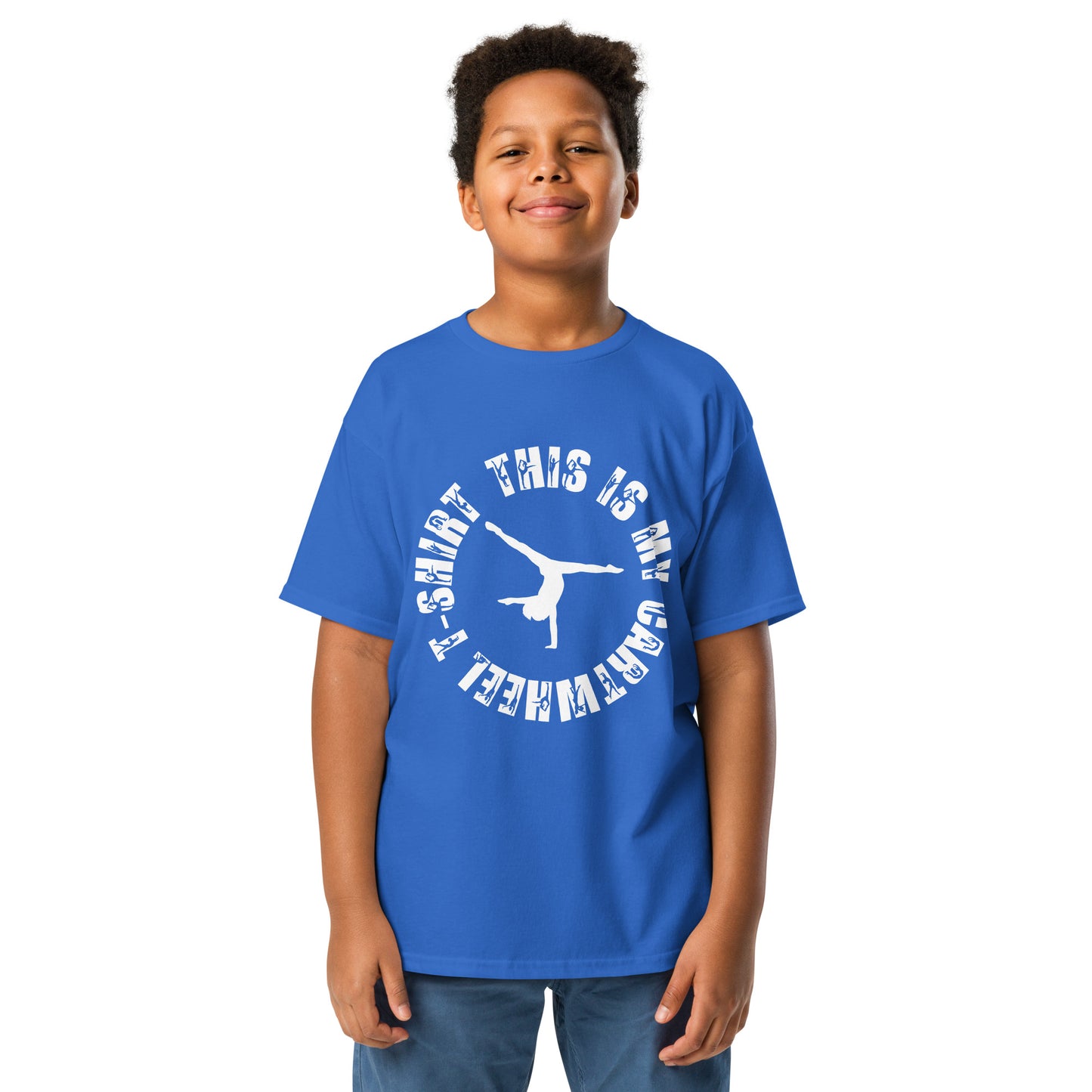 Kids gymnastics T-shirt, royal blue with white cartwheel graphic