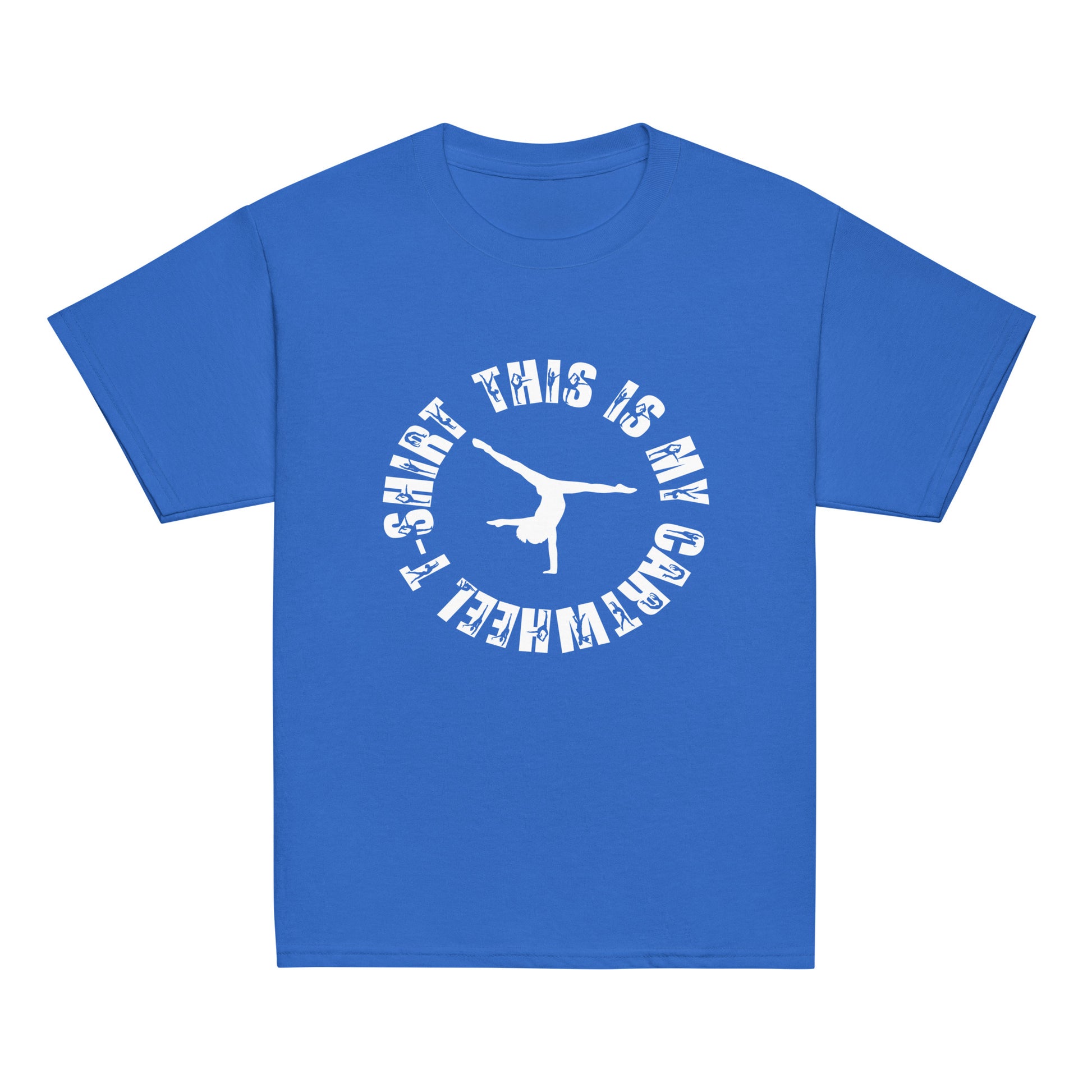Kids gymnastics T-shirt, royal blue with white circular gymnast graphic on front