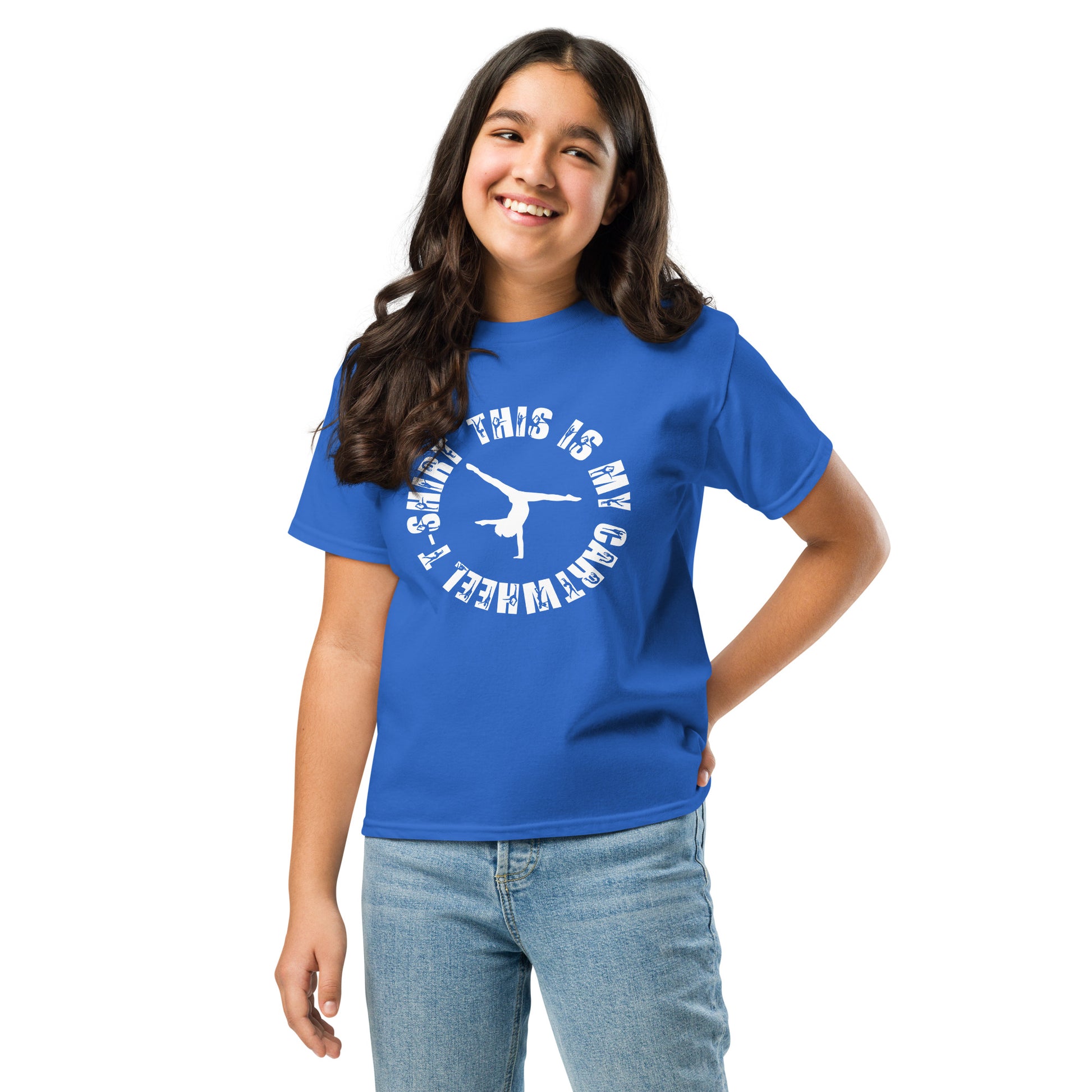 Kids gymnastics T-shirt, royal blue with white circular cartwheel graphic