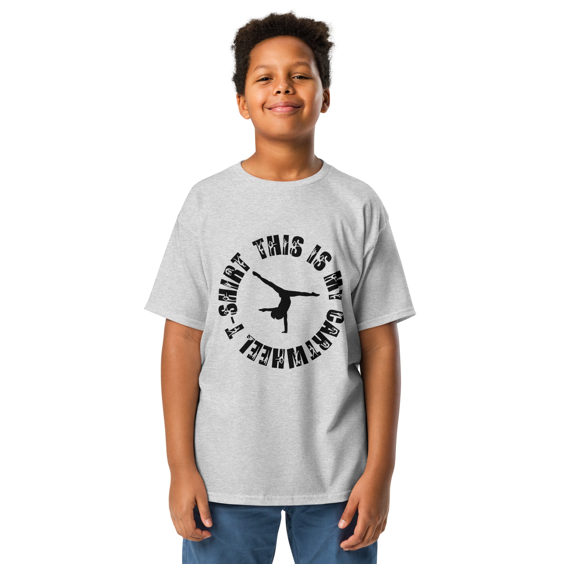 Kids gymnastics T-shirt in light gray, short sleeves, black dancer graphic