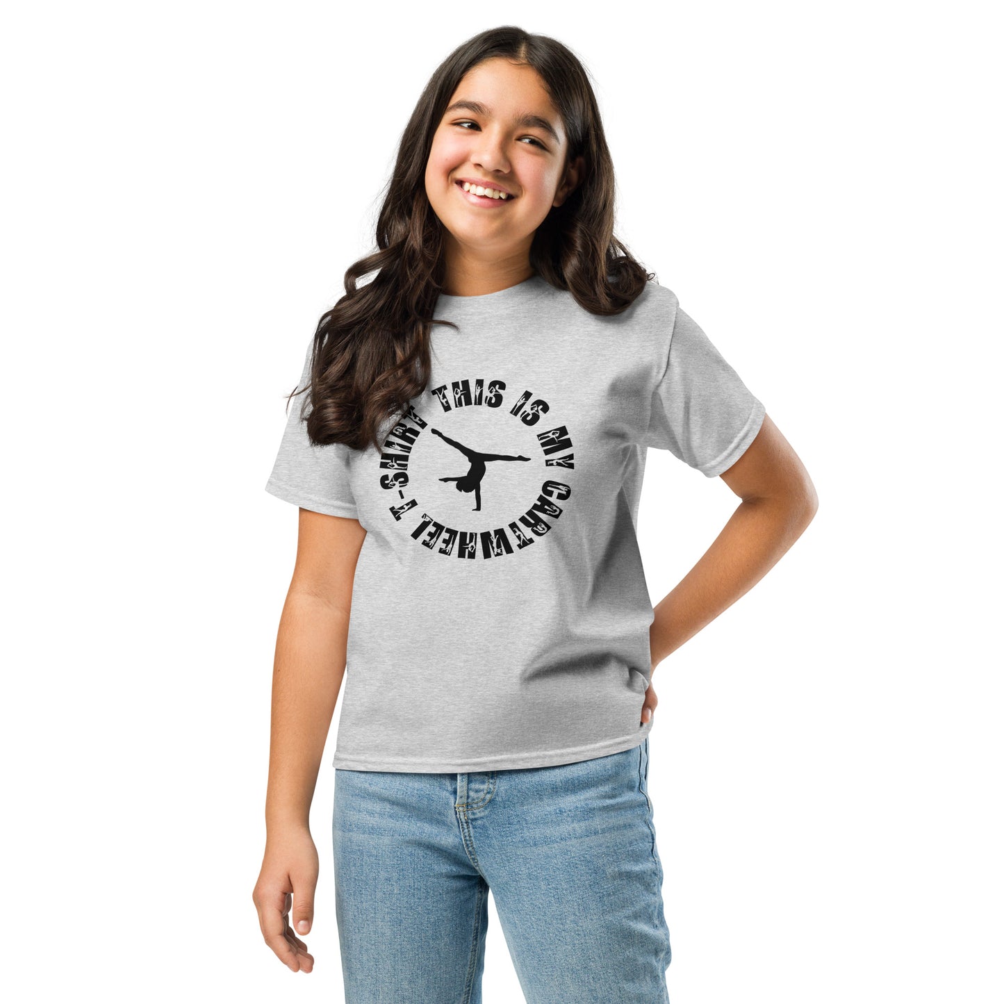 Kids gymnastics T-shirt in heather gray with black gymnast silhouette graphic
