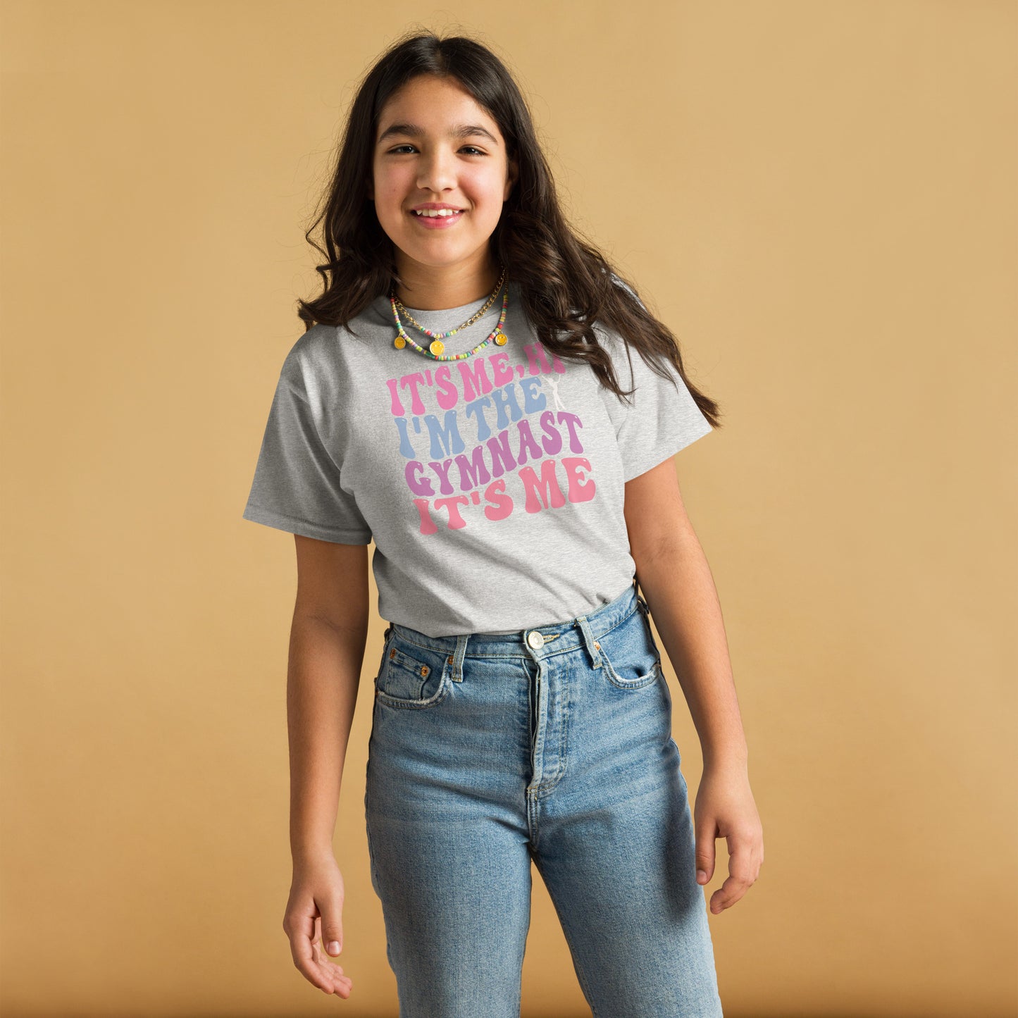 Kids gymnast T-shirt, light gray, "IT'S ME I'M THE GYMNAST" graphic