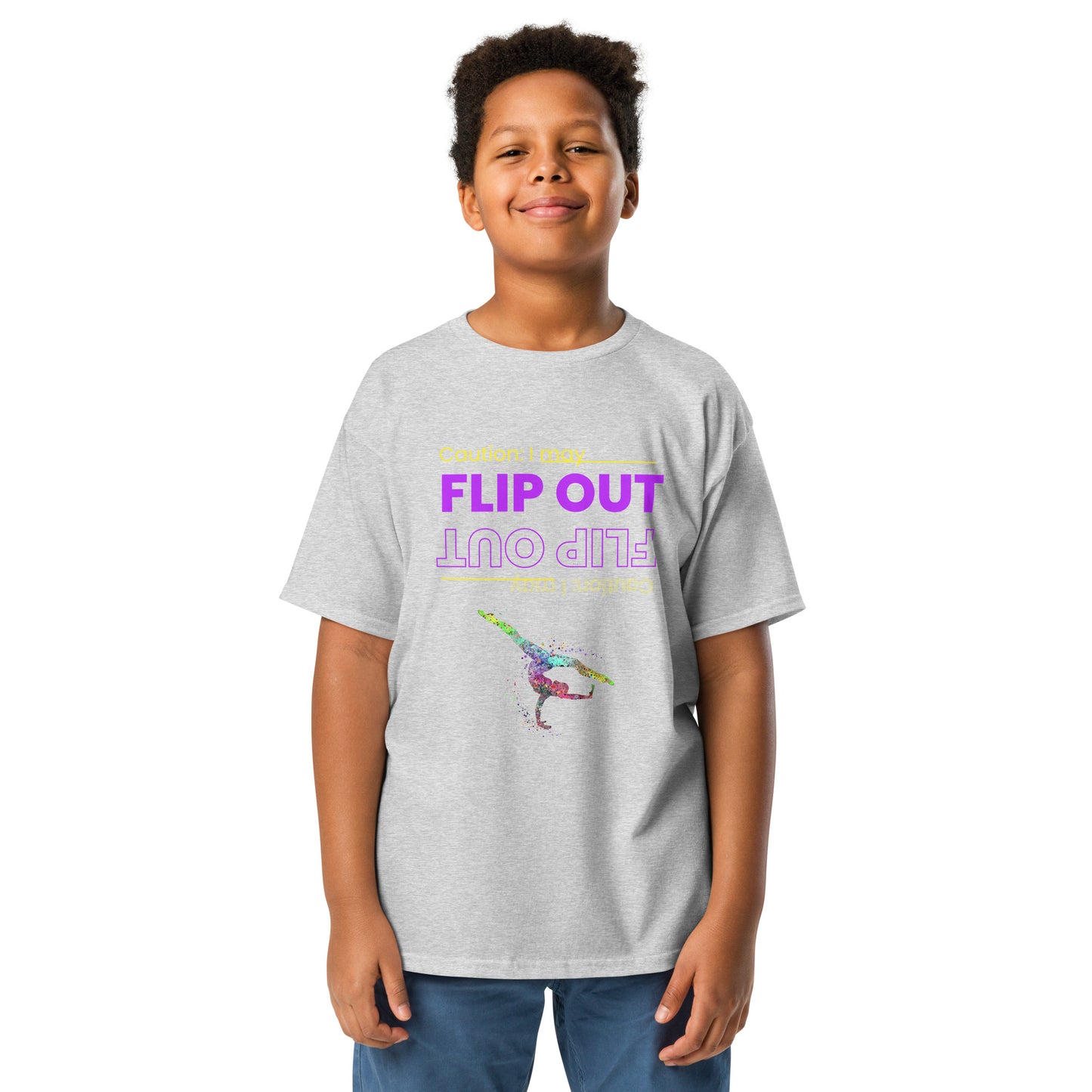 Kids gymnastics T-shirt, sport grey, 'FLIP OUT' neon graphic with gymnast silhouette