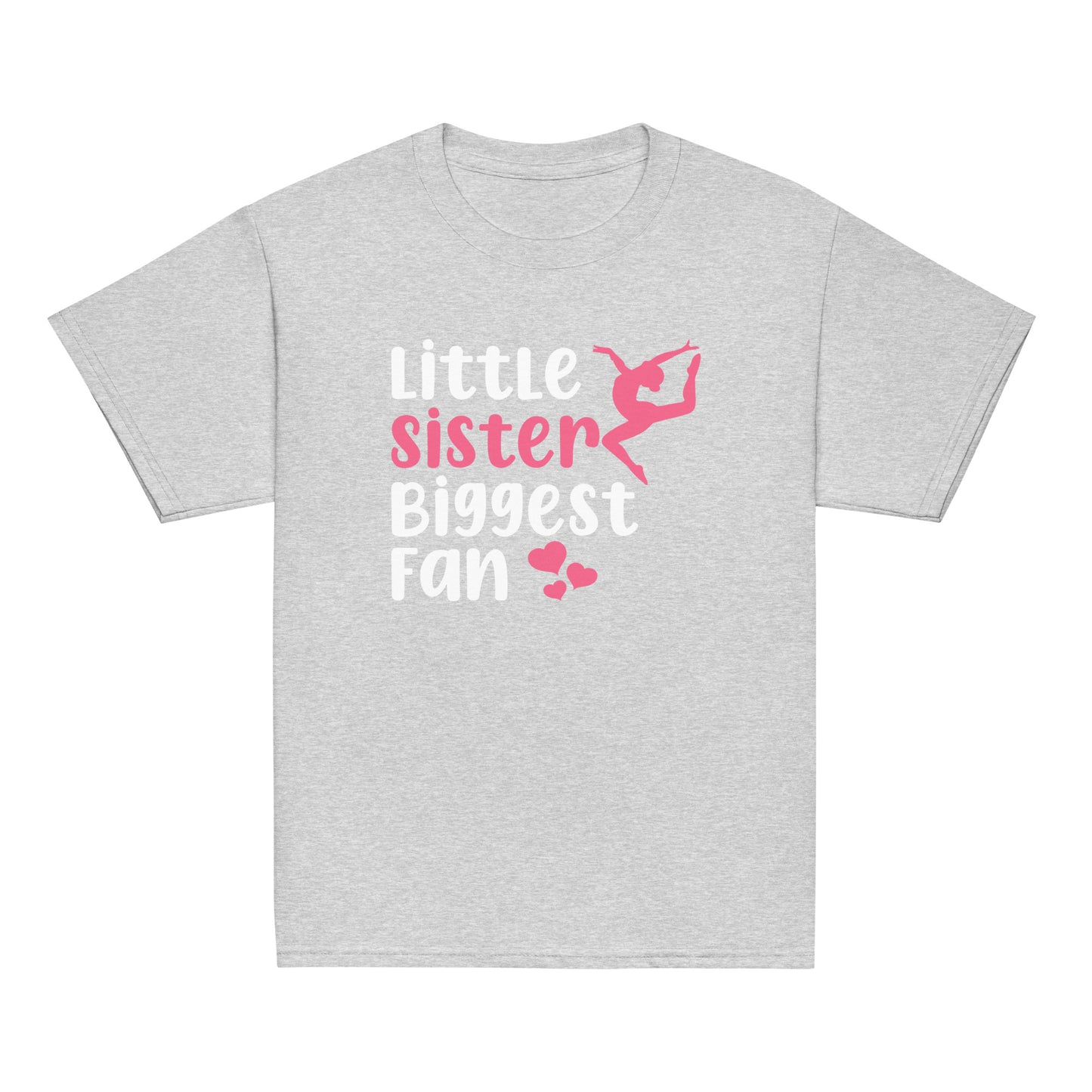 Gymnastics t-shirt in light gray with pink 'Little sister Biggest fan' and gymnast graphic