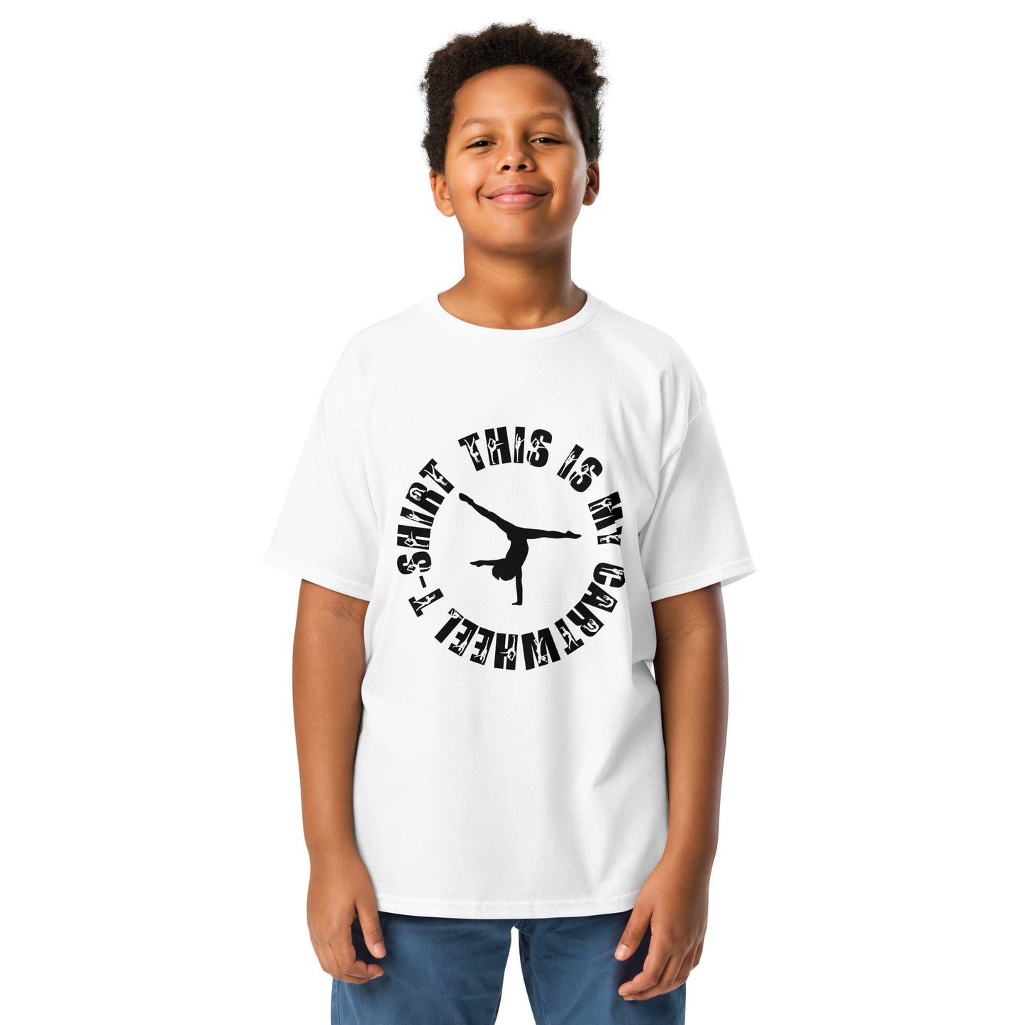 Kids gymnastics T-shirt in white, short sleeves, black dancer graphic