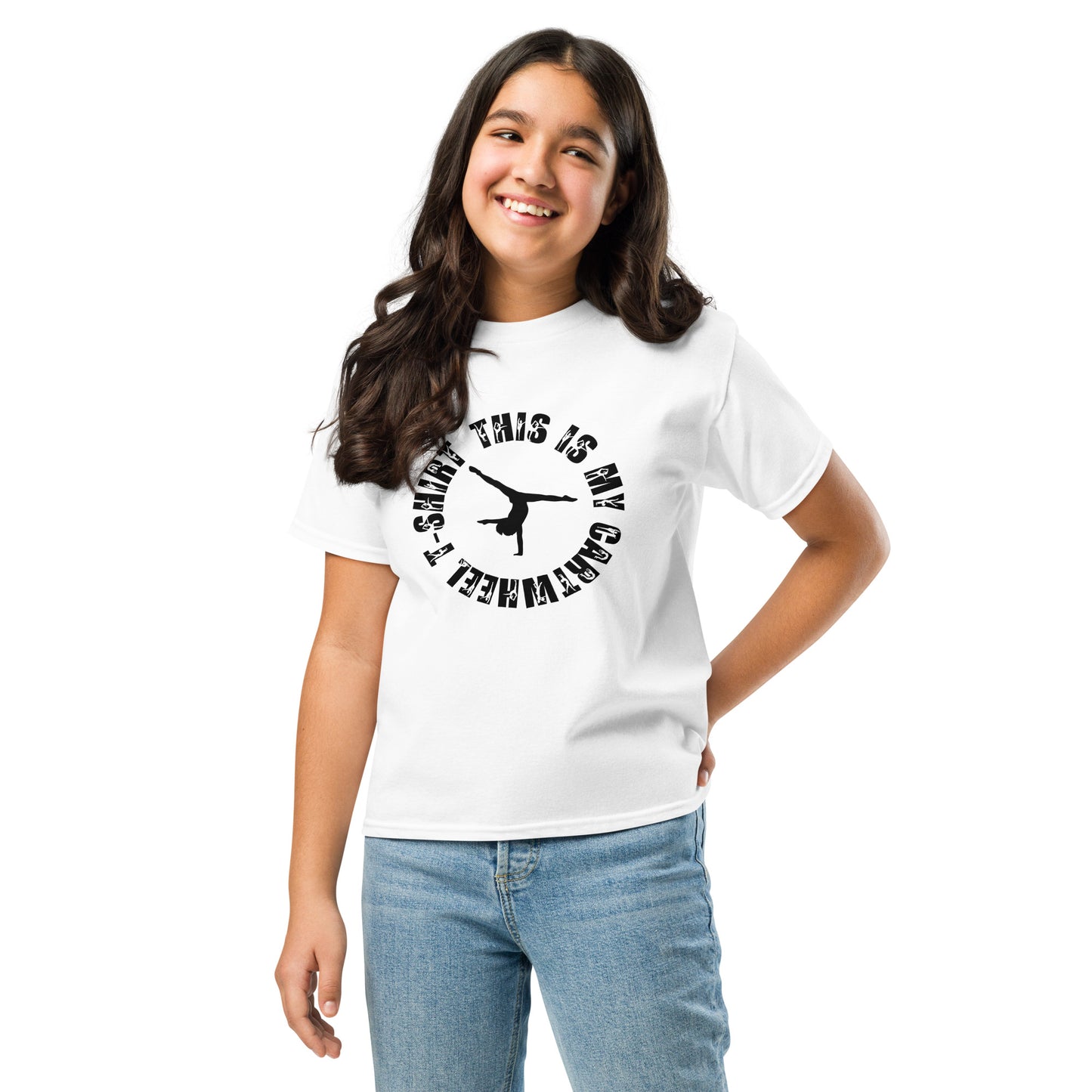 Kids gymnastics T-shirt in white with black gymnast silhouette graphic