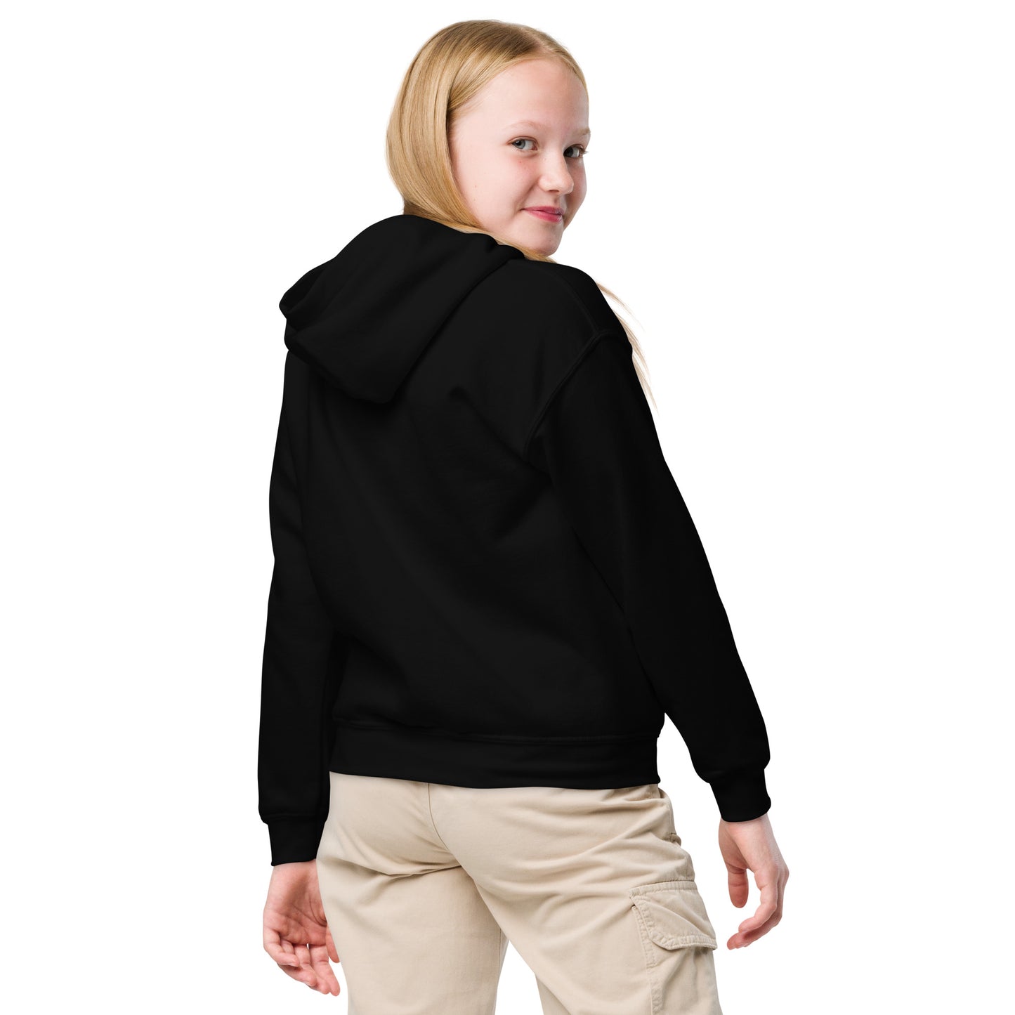 Kids black gymnastics hoodie, rear view with hood and kangaroo pocket