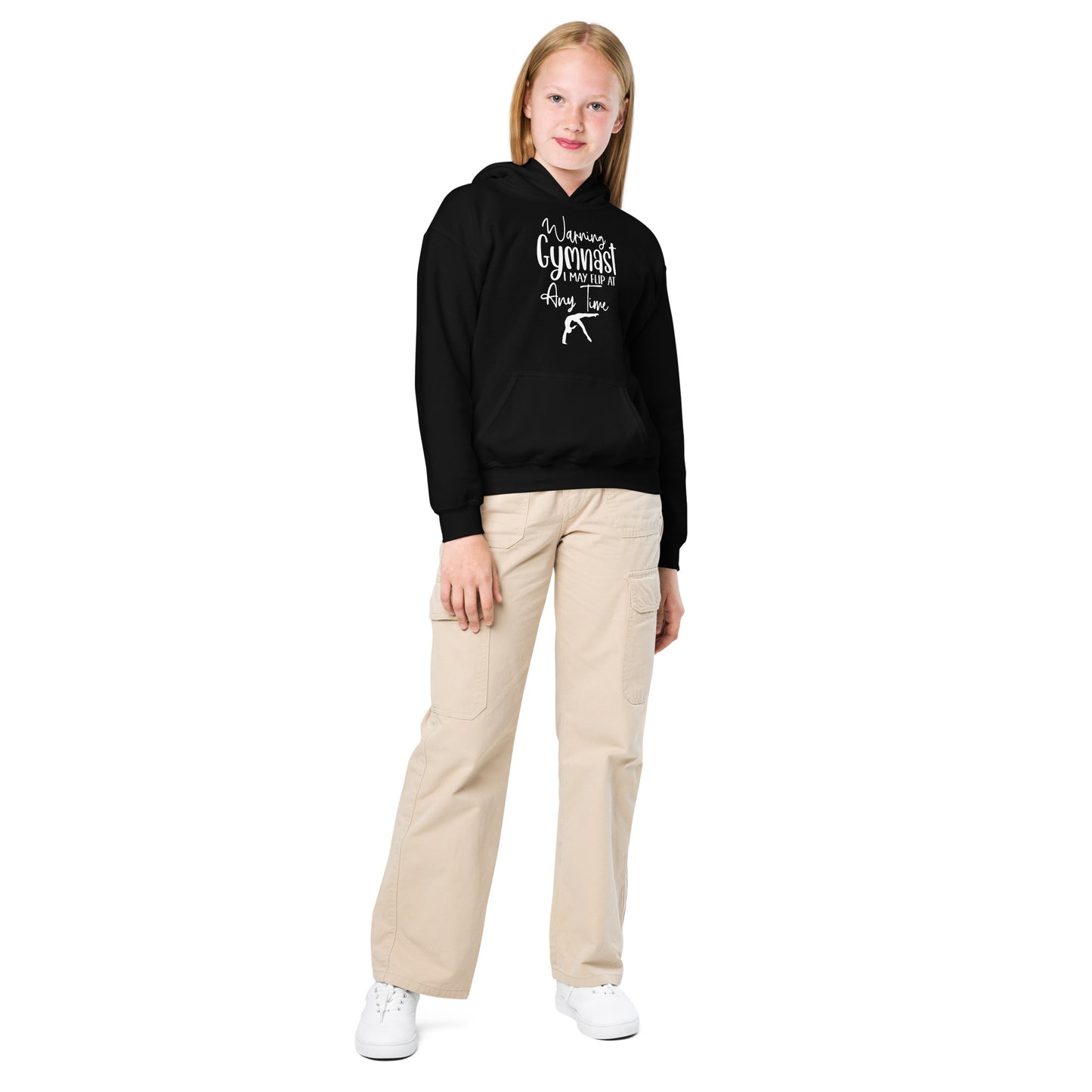 Kids gymnastics hoodie, black pullover with hood and front graphic print