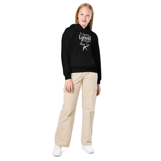 Kids gymnastics hoodie, black pullover with hood and front graphic print