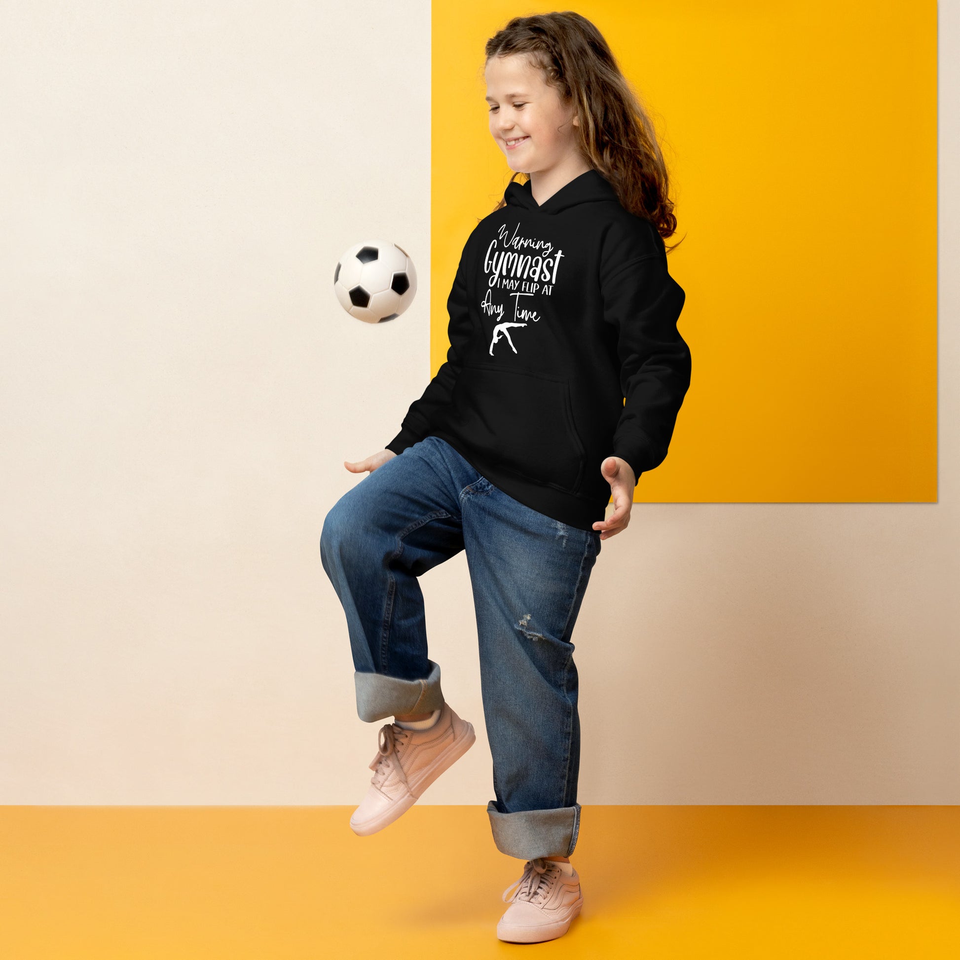Kids black hoodie with hood and kangaroo pocket, gymnast graphic on chest