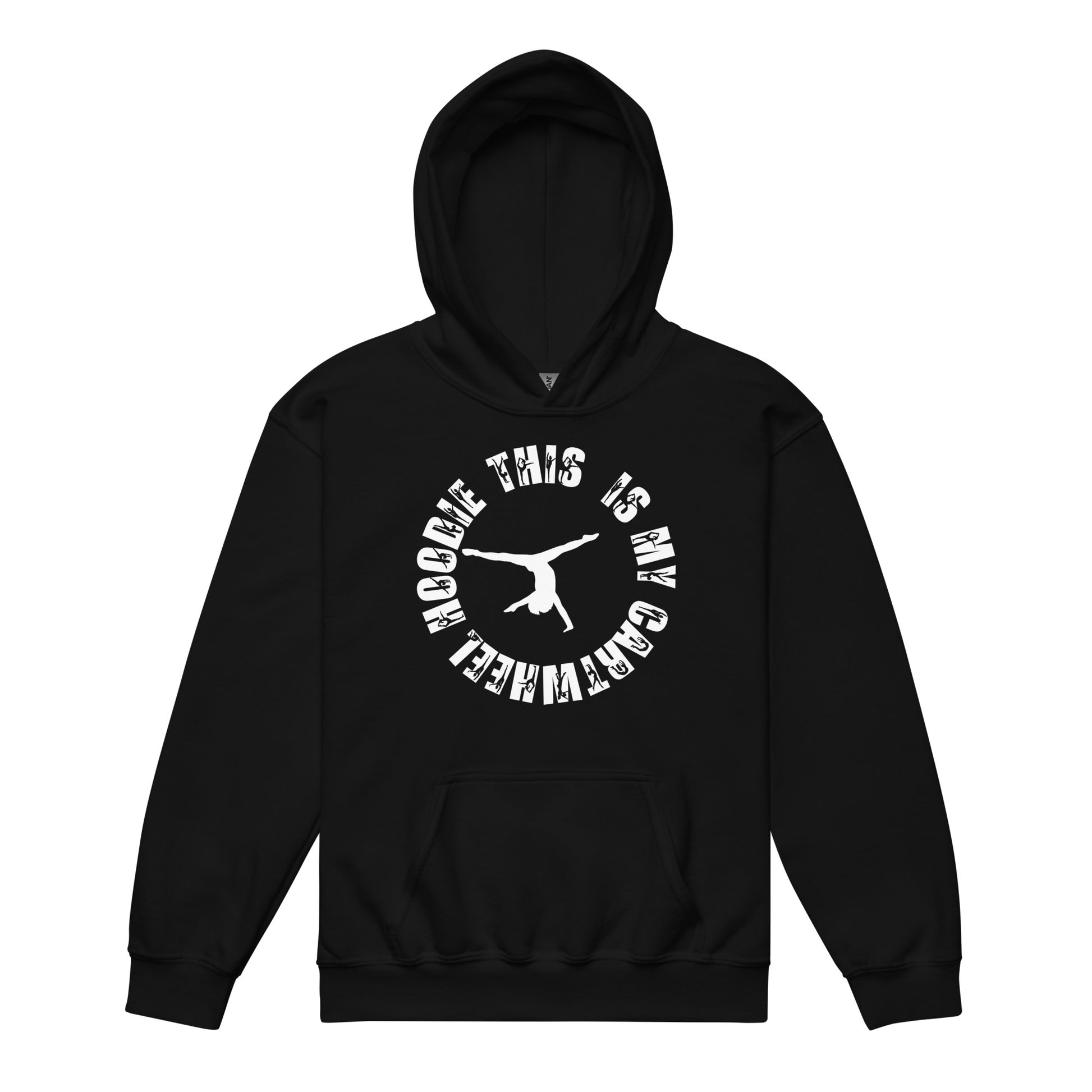 Black kids gym hoodie with hood and front kangaroo pocket, white logo graphic