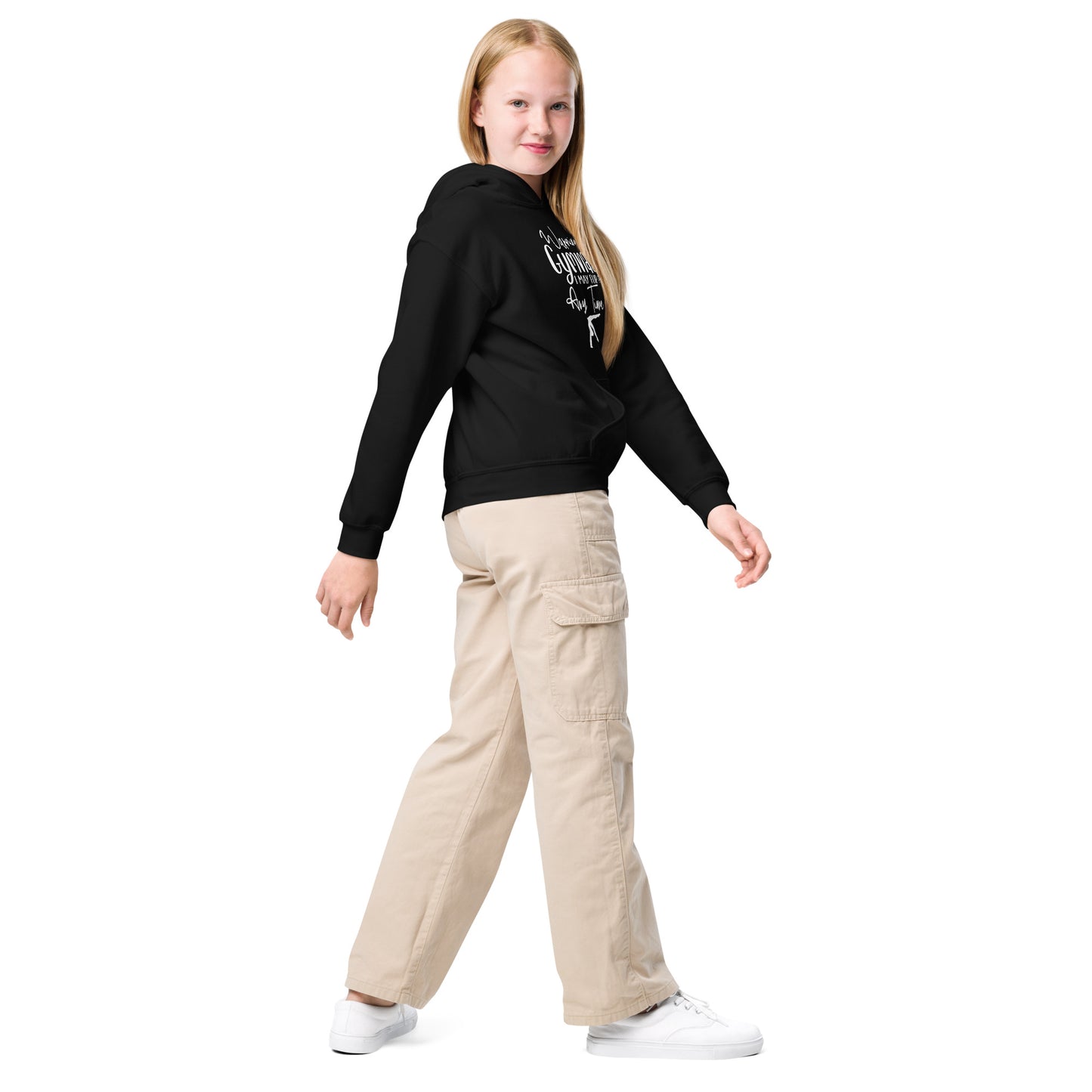 Kids black hooded gymnastics sweatshirt with white front graphic and kangaroo pocket