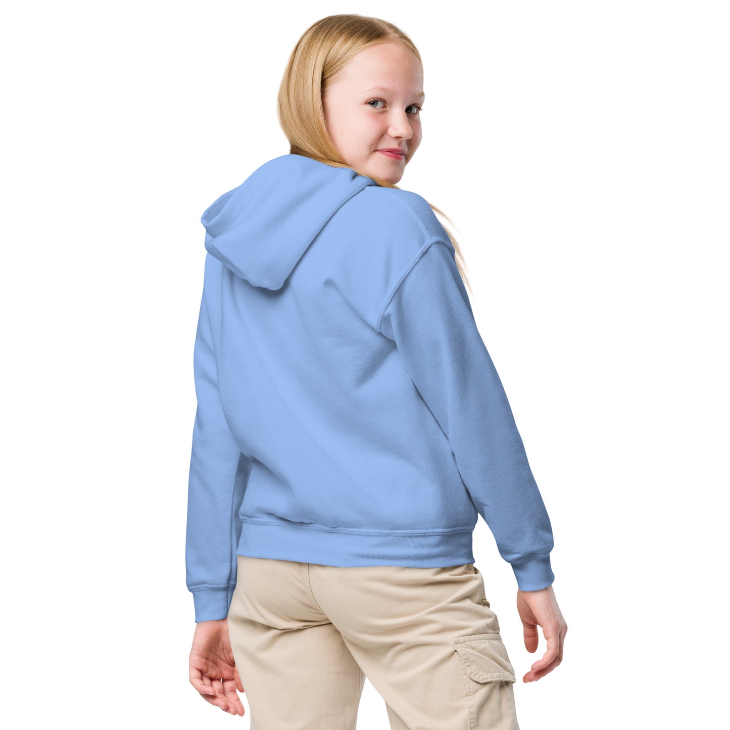 Kids light blue hoodie, side/back view with hood and kangaroo pocket