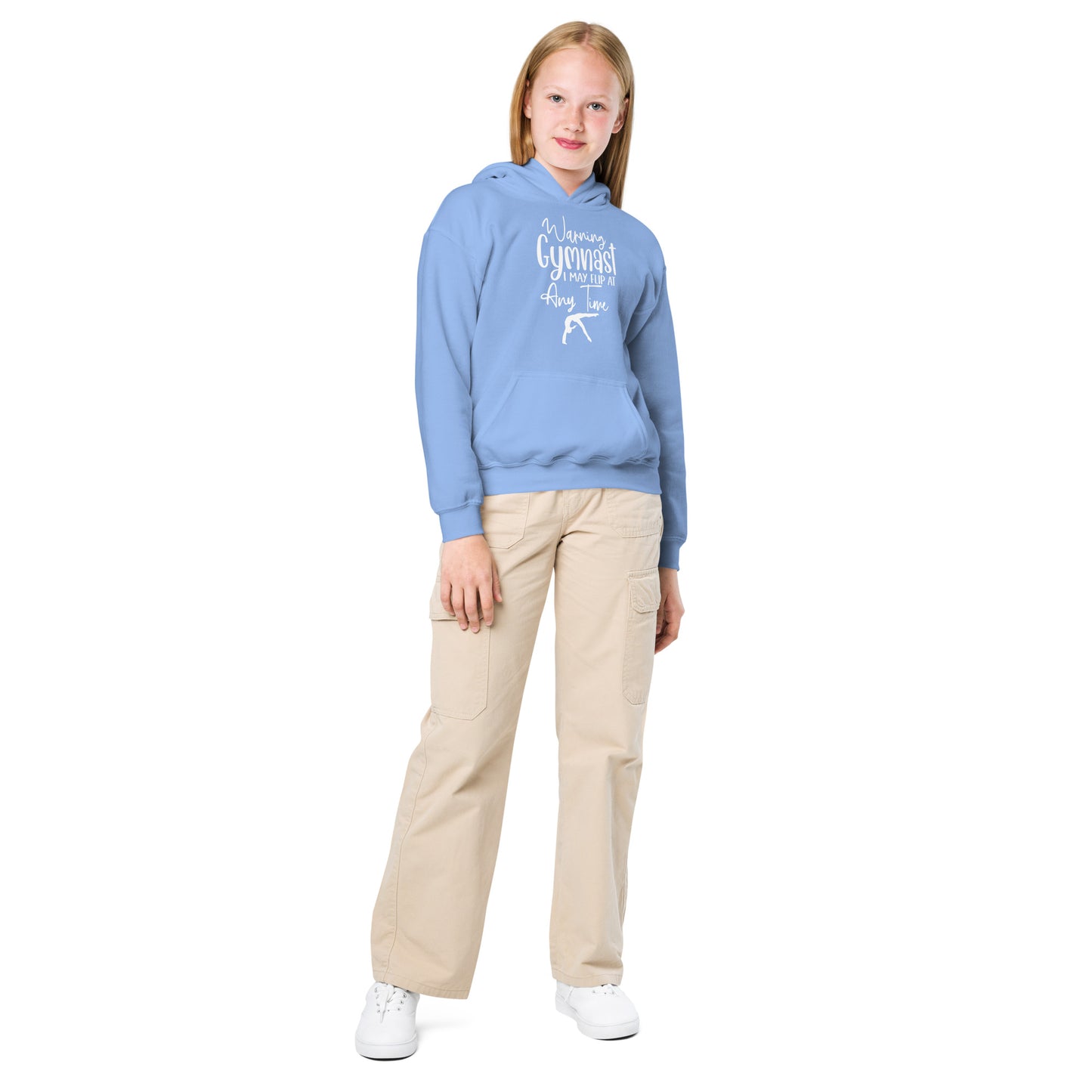 Kids gymnastics hoodie, light blue pullover with hood and front graphic print
