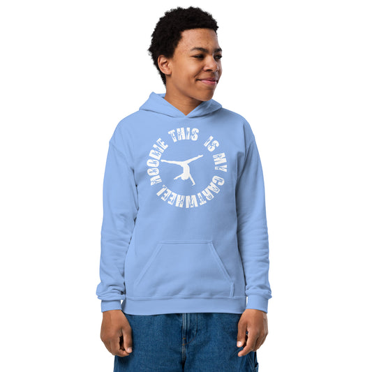 Kids gym hoodie in light blue with hood and front kangaroo pocket, white logo graphic