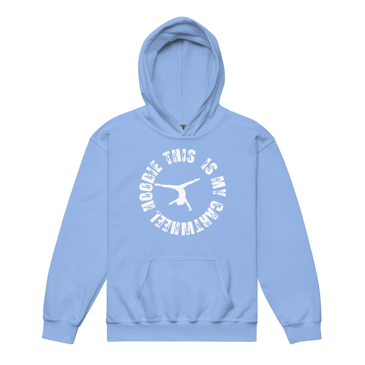 Kids light-blue hoodie with hood and circular gymnast graphic on chest