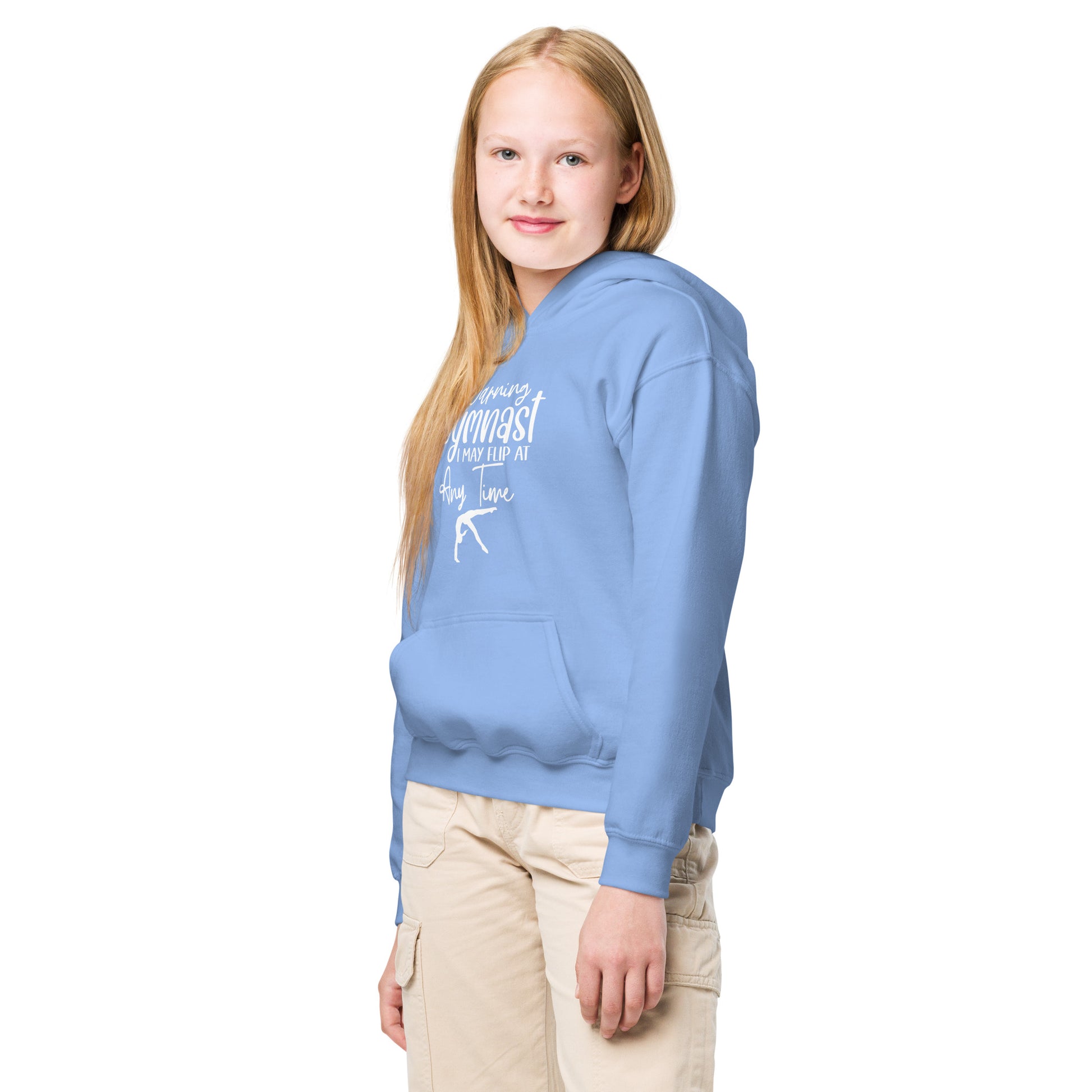 Kids hoodie in light blue with hood and kangaroo pocket, gymnast graphic on chest
