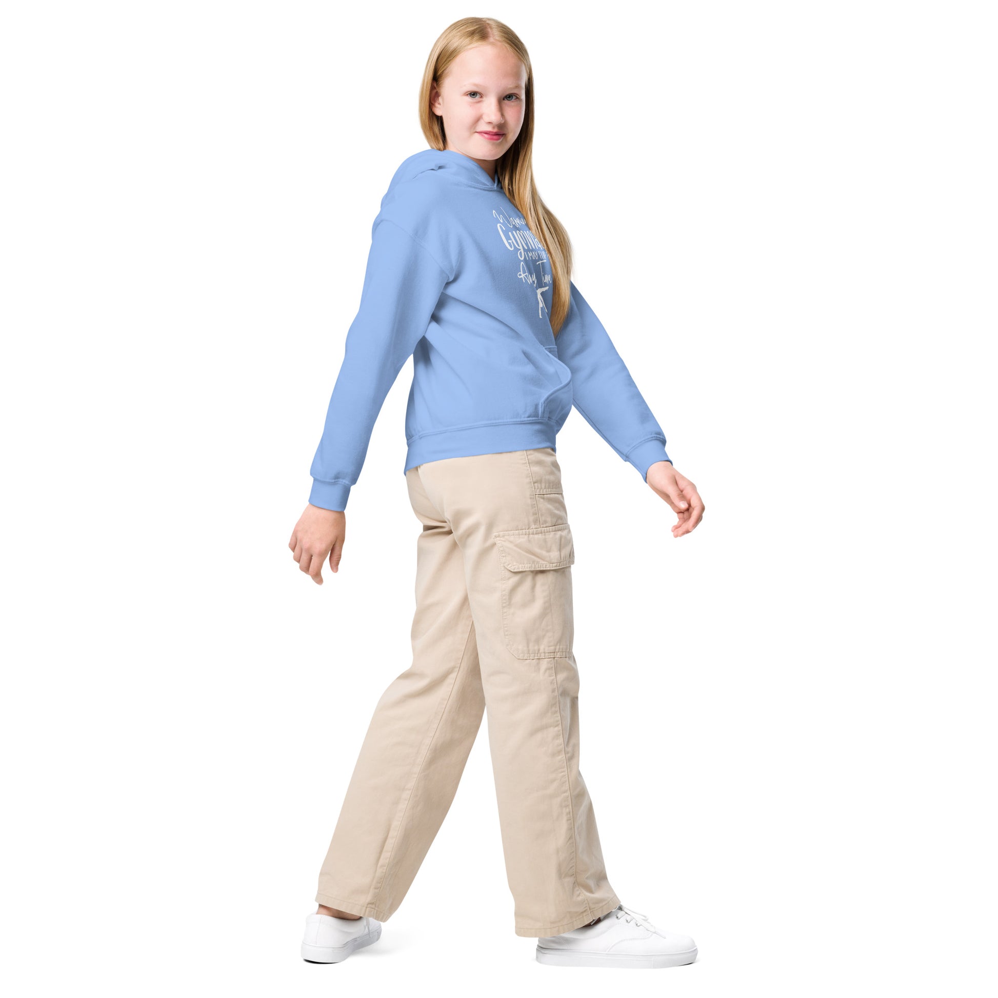 Kids gymnastics hoodie in light blue with front kangaroo pocket and hood