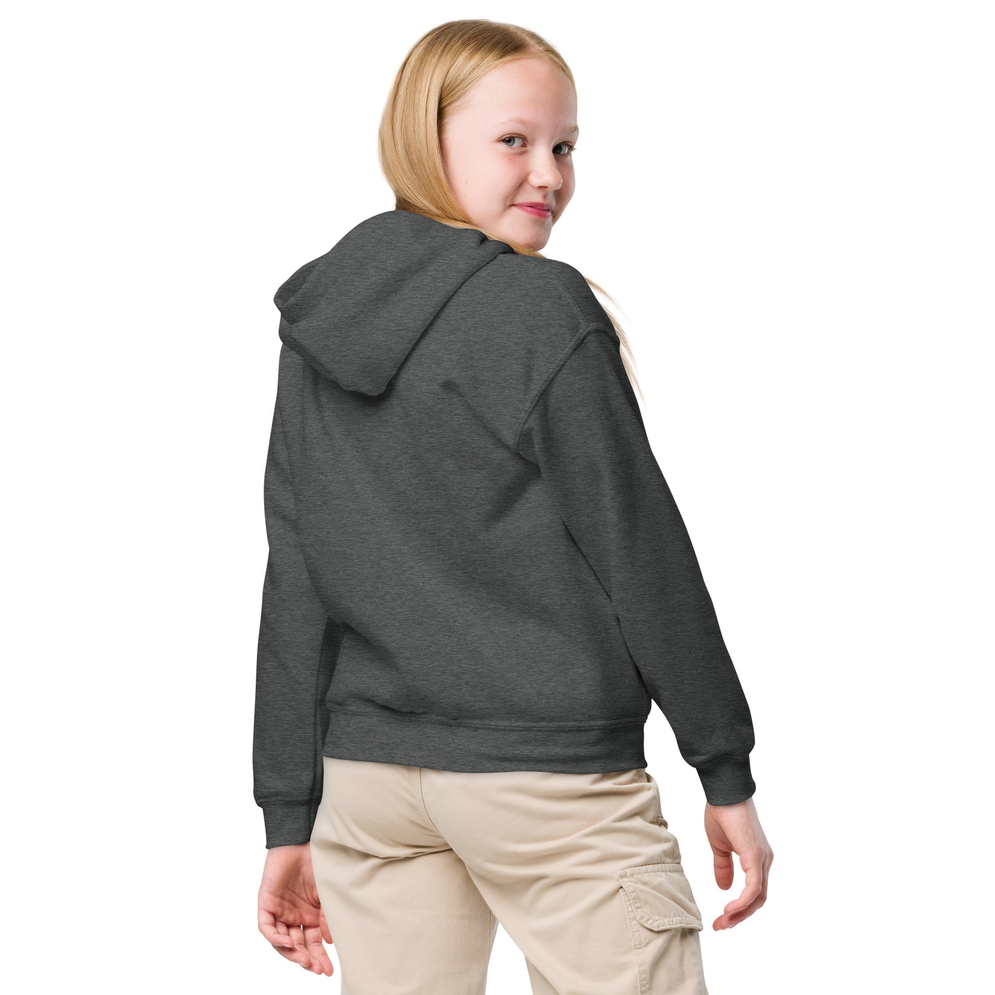 Kids gymnastics hoodie, dark gray, pullover with hood, back view
