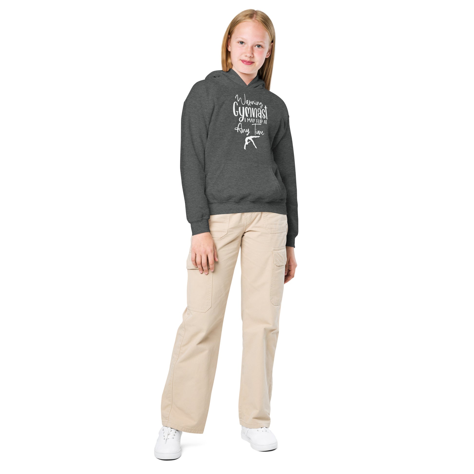 Kids gymnastics hoodie, dark heather gray pullover with hood and front graphic print