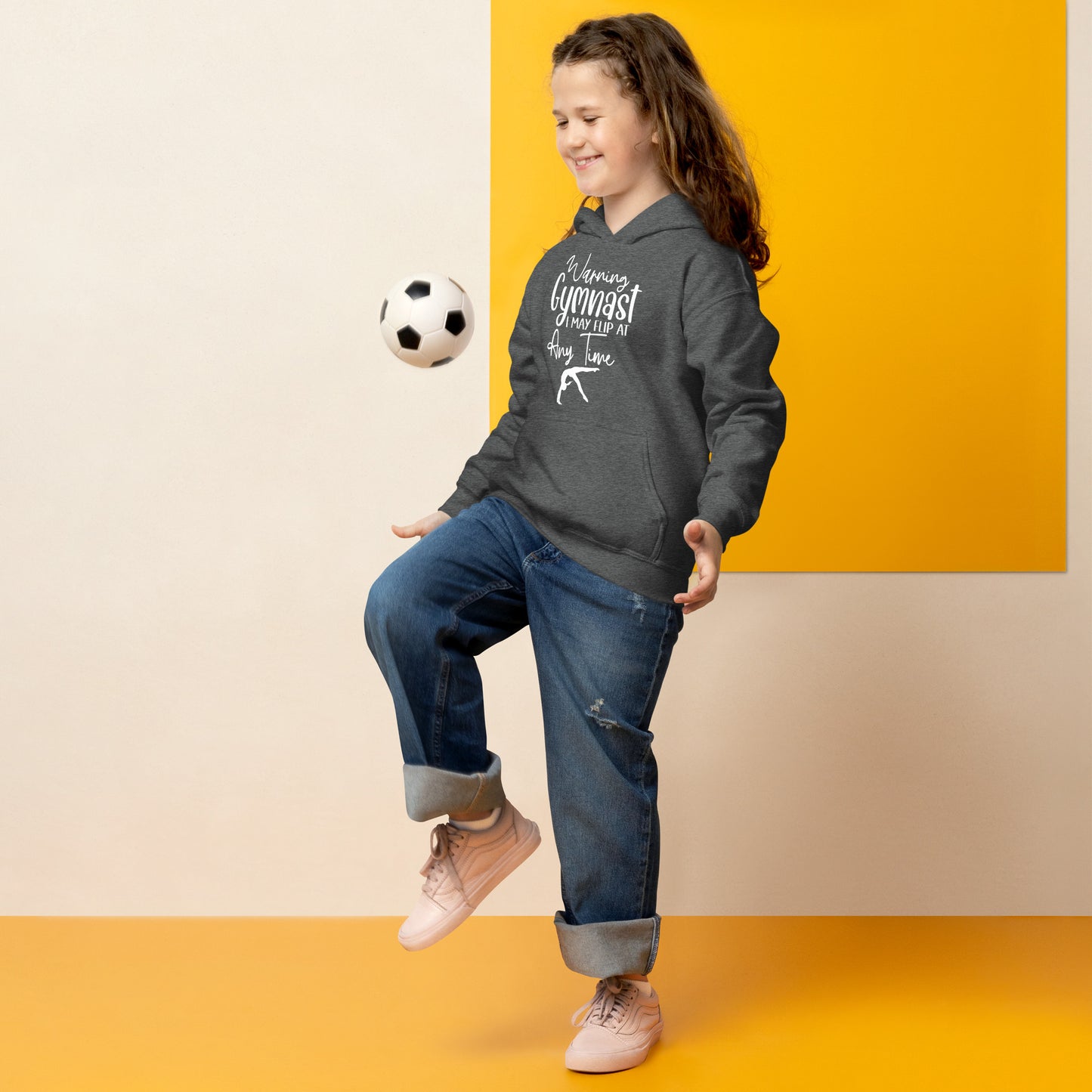 Kids heather gray hoodie with hood and kangaroo pocket, gymnast graphic on chest