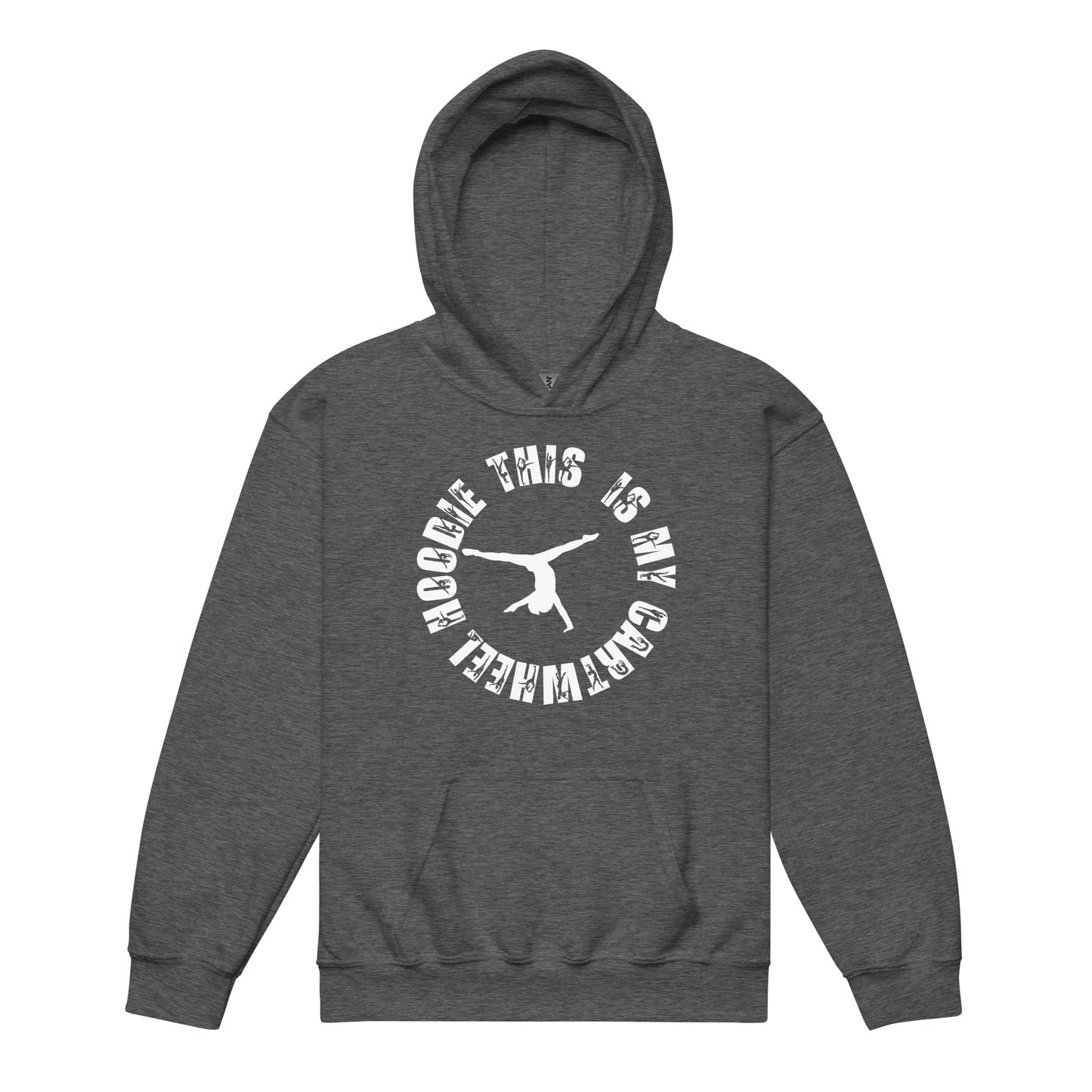 Dark heather gray kids gym hoodie with hood and front kangaroo pocket, white logo graphic
