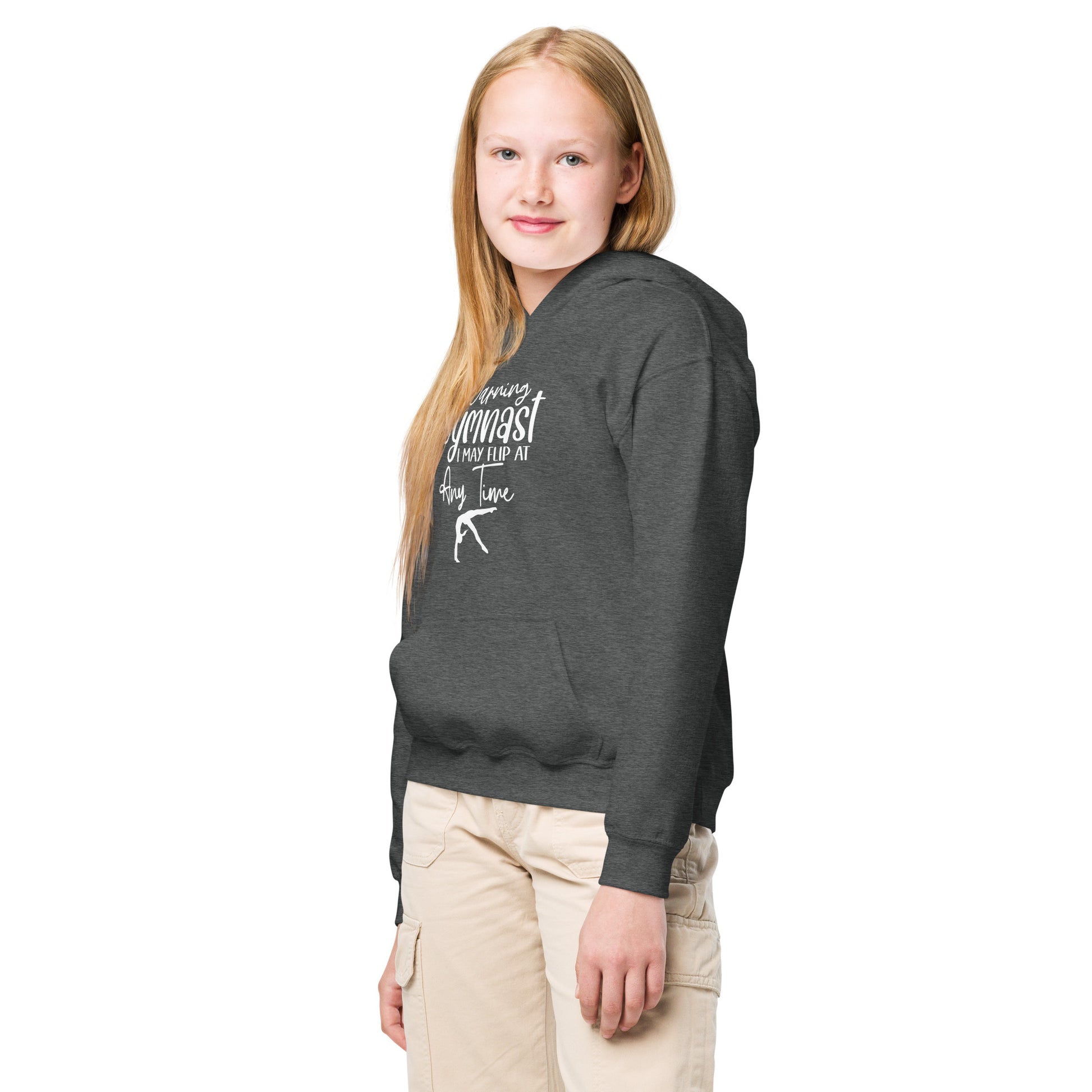 Kids gymnastics hoodie, dark gray, front graphic and hood, side view