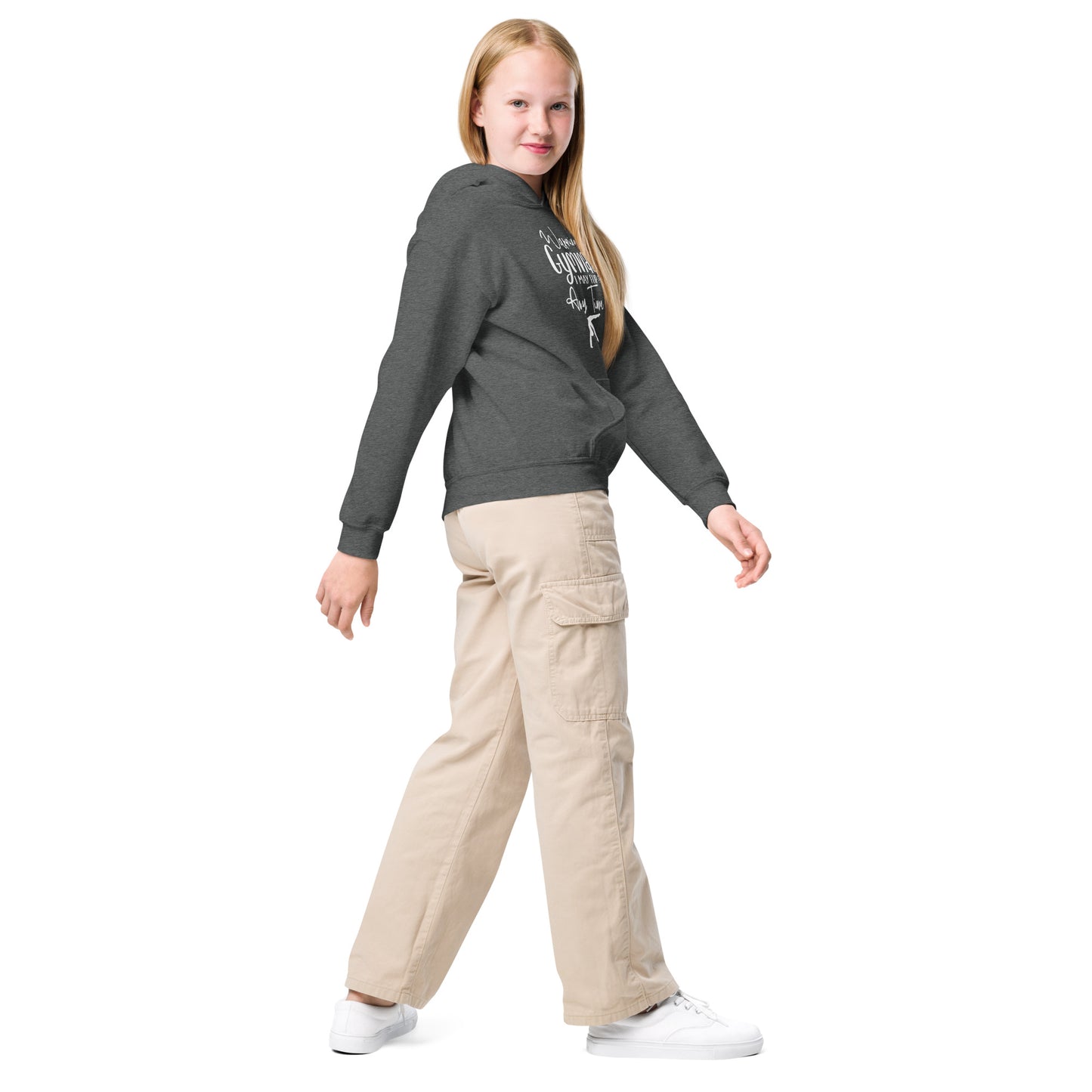 Kids gymnastics hoodie, dark gray, pullover with front hood and printed graphic