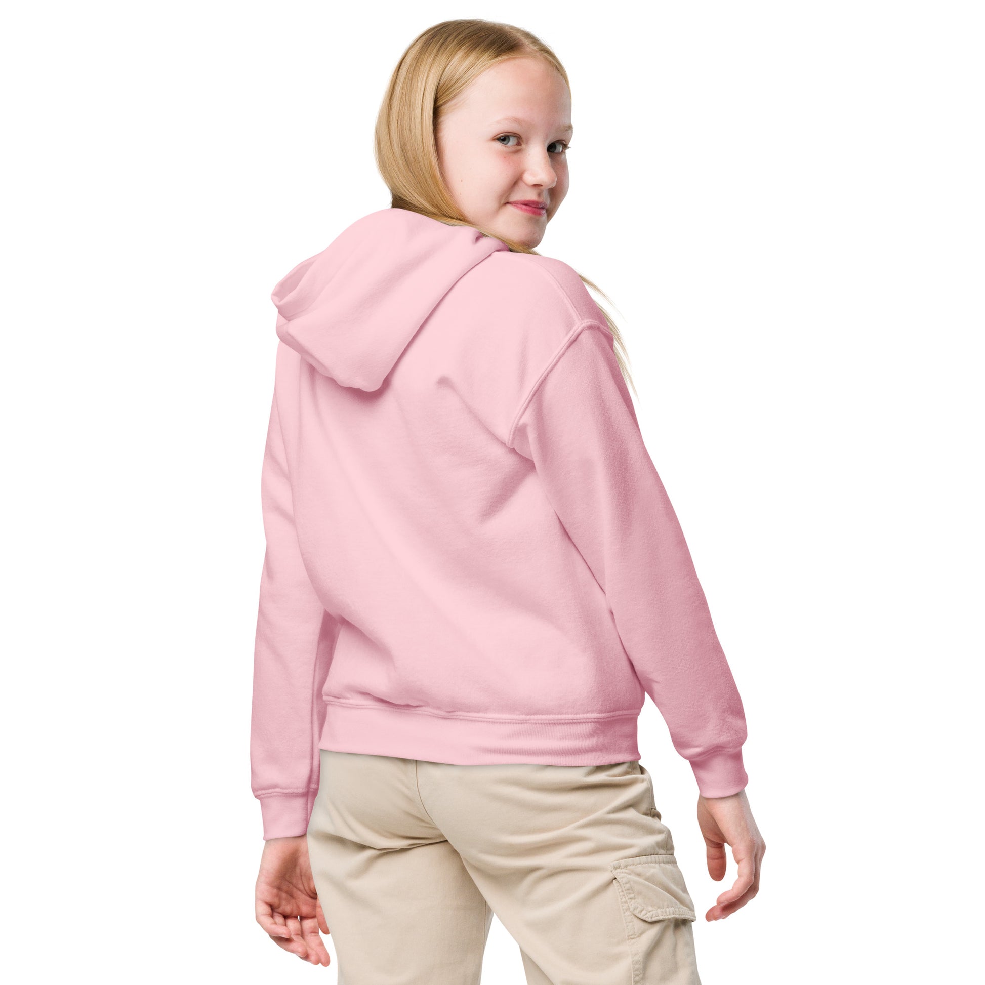 Kids light pink hoodie with hood and plain back, long sleeves and ribbed cuffs