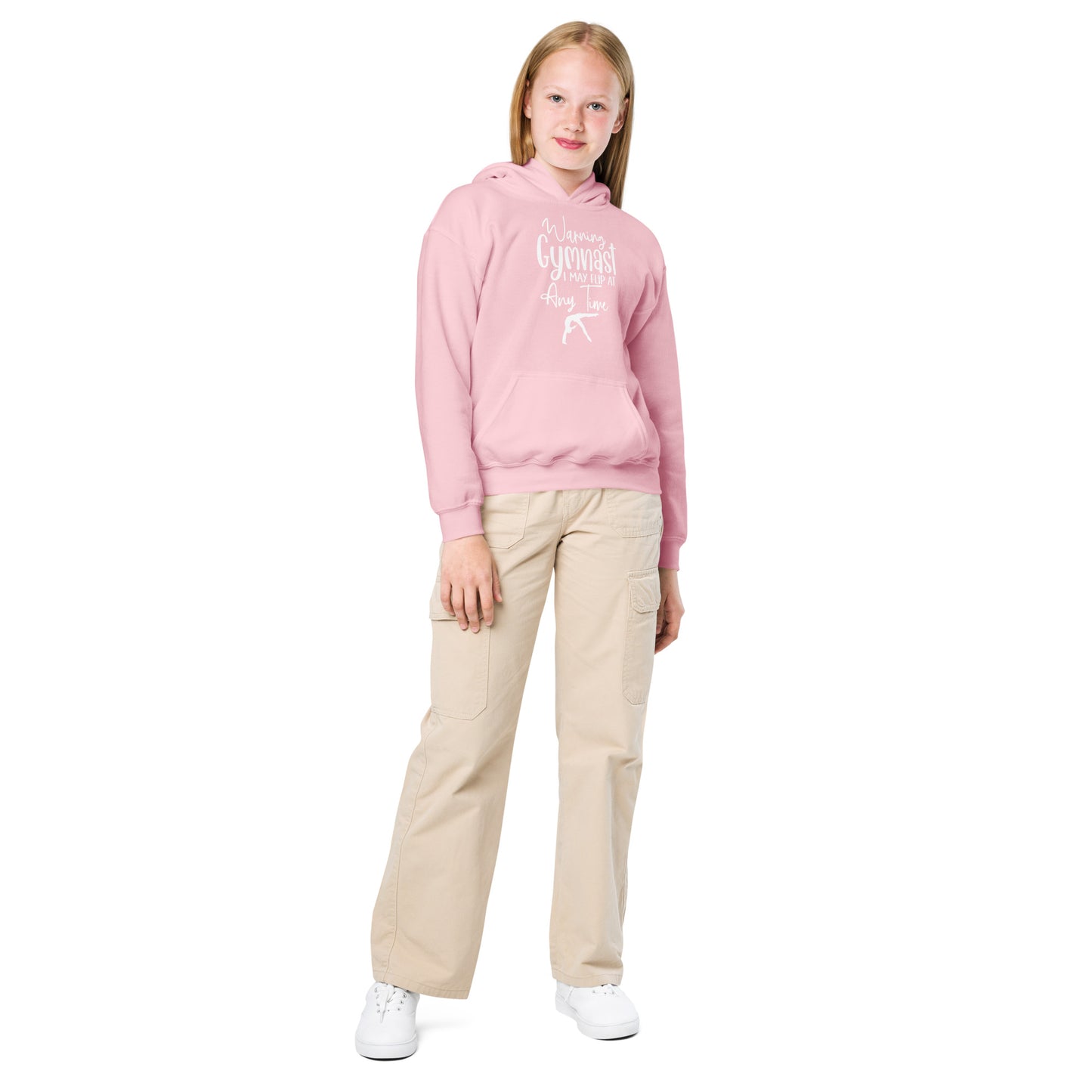 Kids gymnastics hoodie, light pink pullover with hood and front graphic print