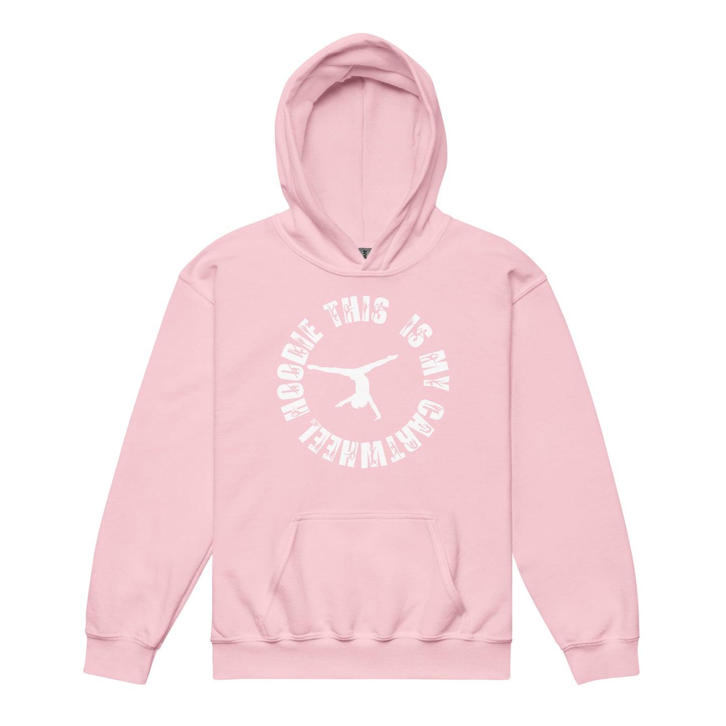 Kids light pink hoodie with hood, kangaroo pocket, and circular cartwheel logo graphic