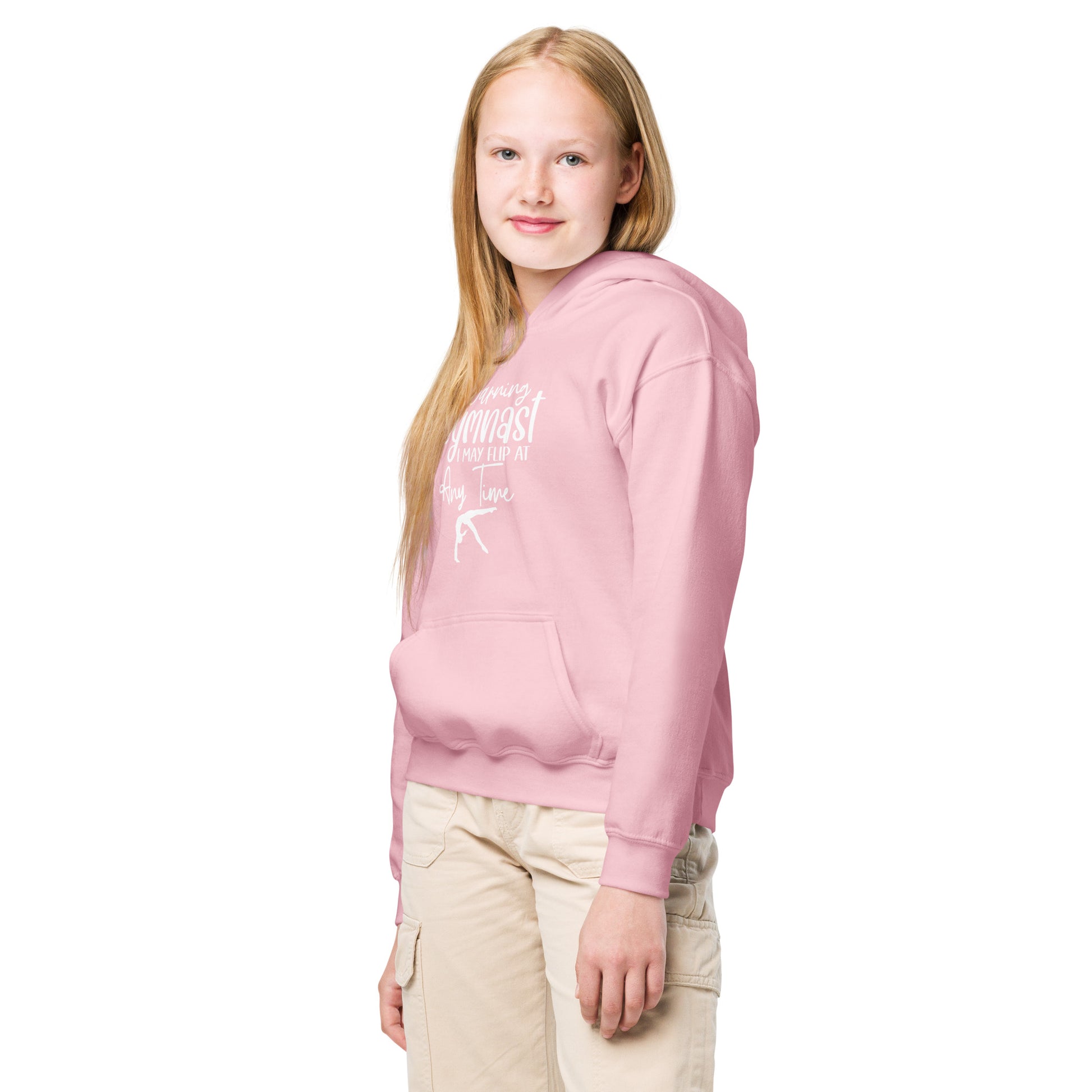 Kids hoodie in dusty pink with hood and kangaroo pocket, gymnast graphic on chest