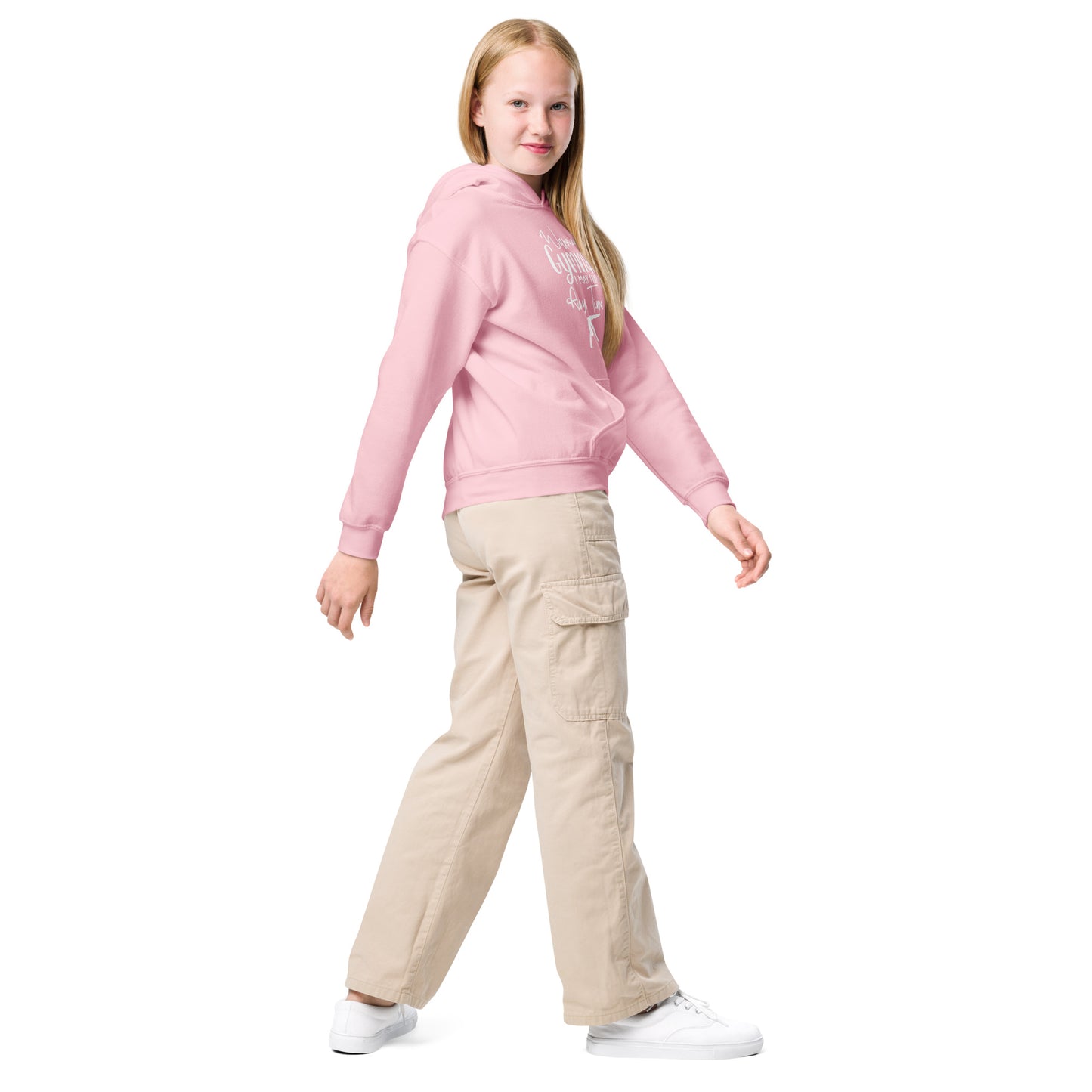 Kids dusty pink gymnastics hoodie with hood, front pocket, and graphic on chest