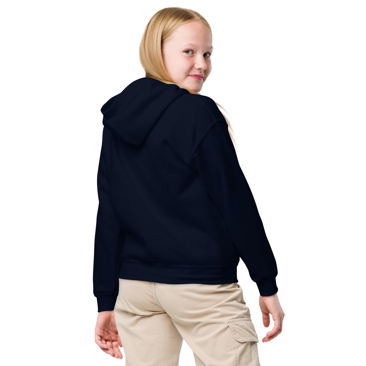Kids navy gymnastics hoodie, rear view with hood and kangaroo pocket
