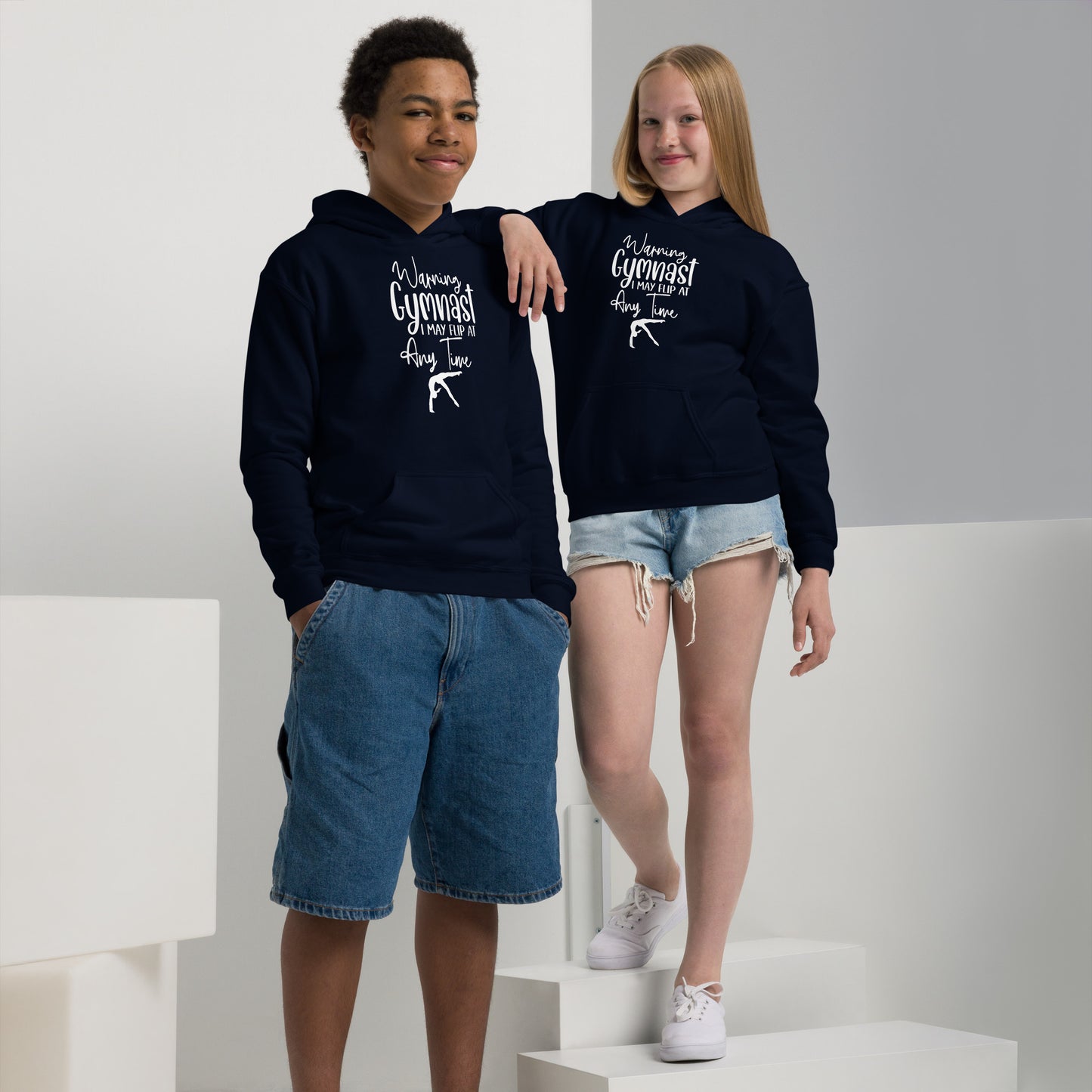 Kids navy hoodie with hood and kangaroo pocket, gymnast graphic on chest