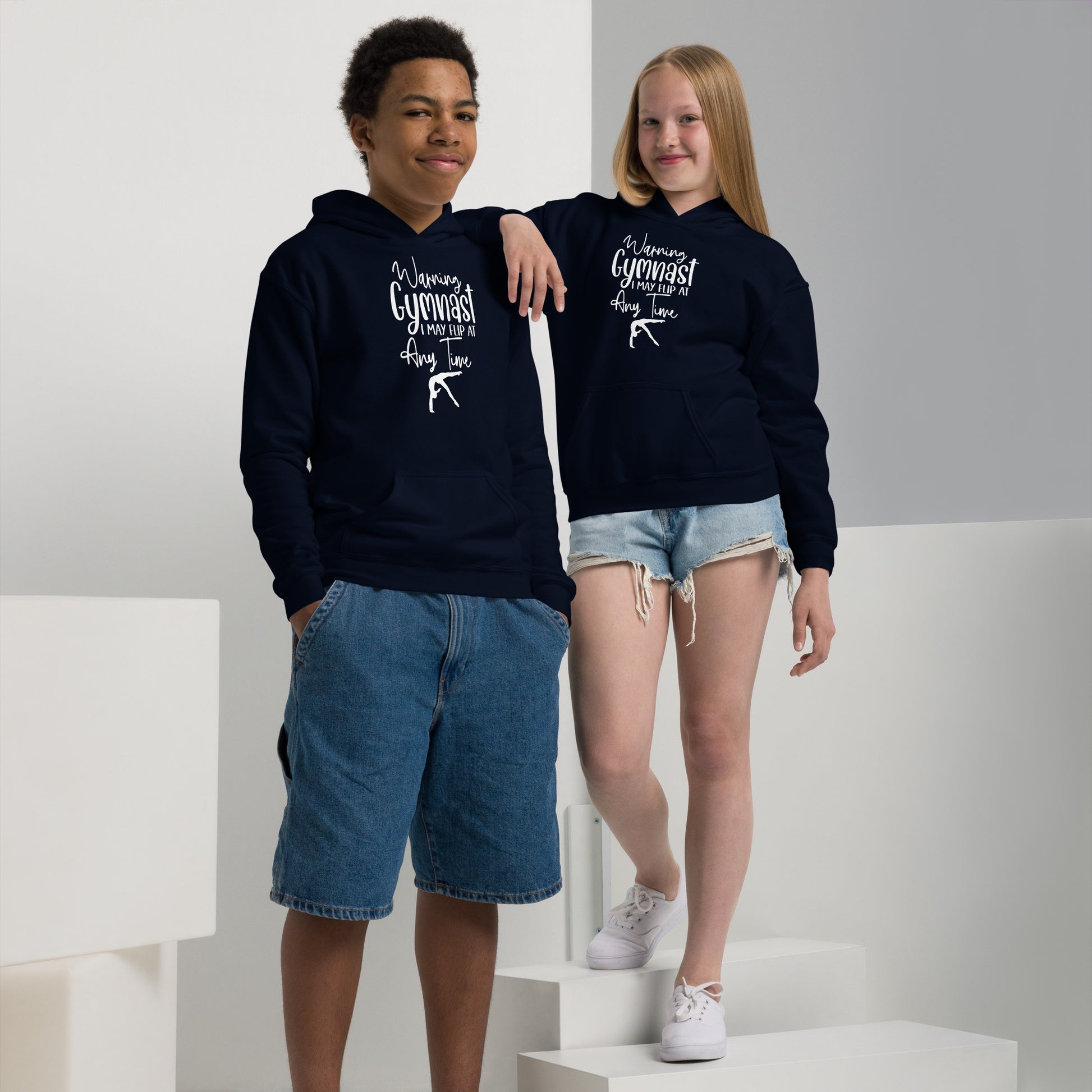 Kids navy hoodie with hood and kangaroo pocket, gymnast graphic on chest