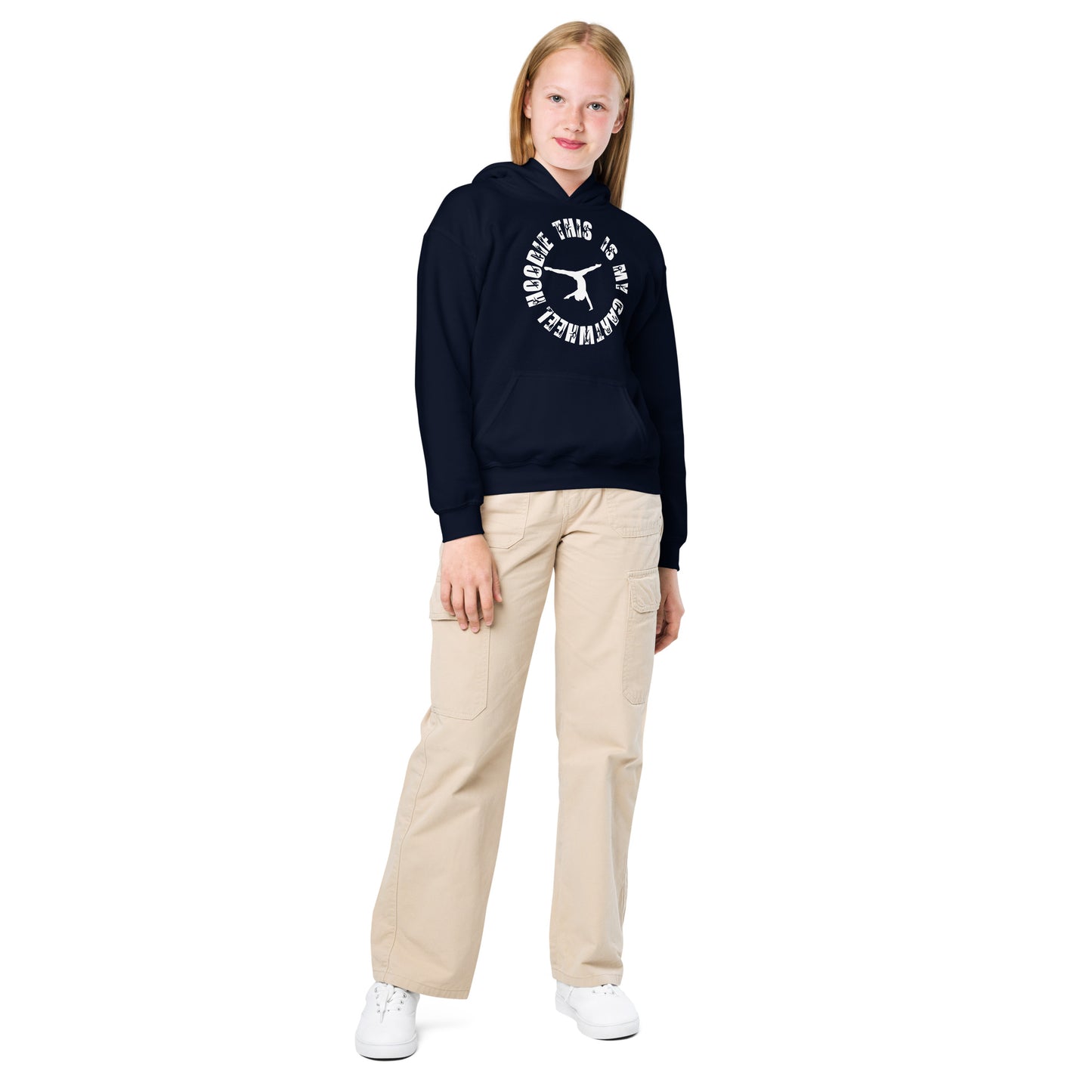 Kids dark navy hoodie with hood, kangaroo pocket, and circular cartwheel logo graphic