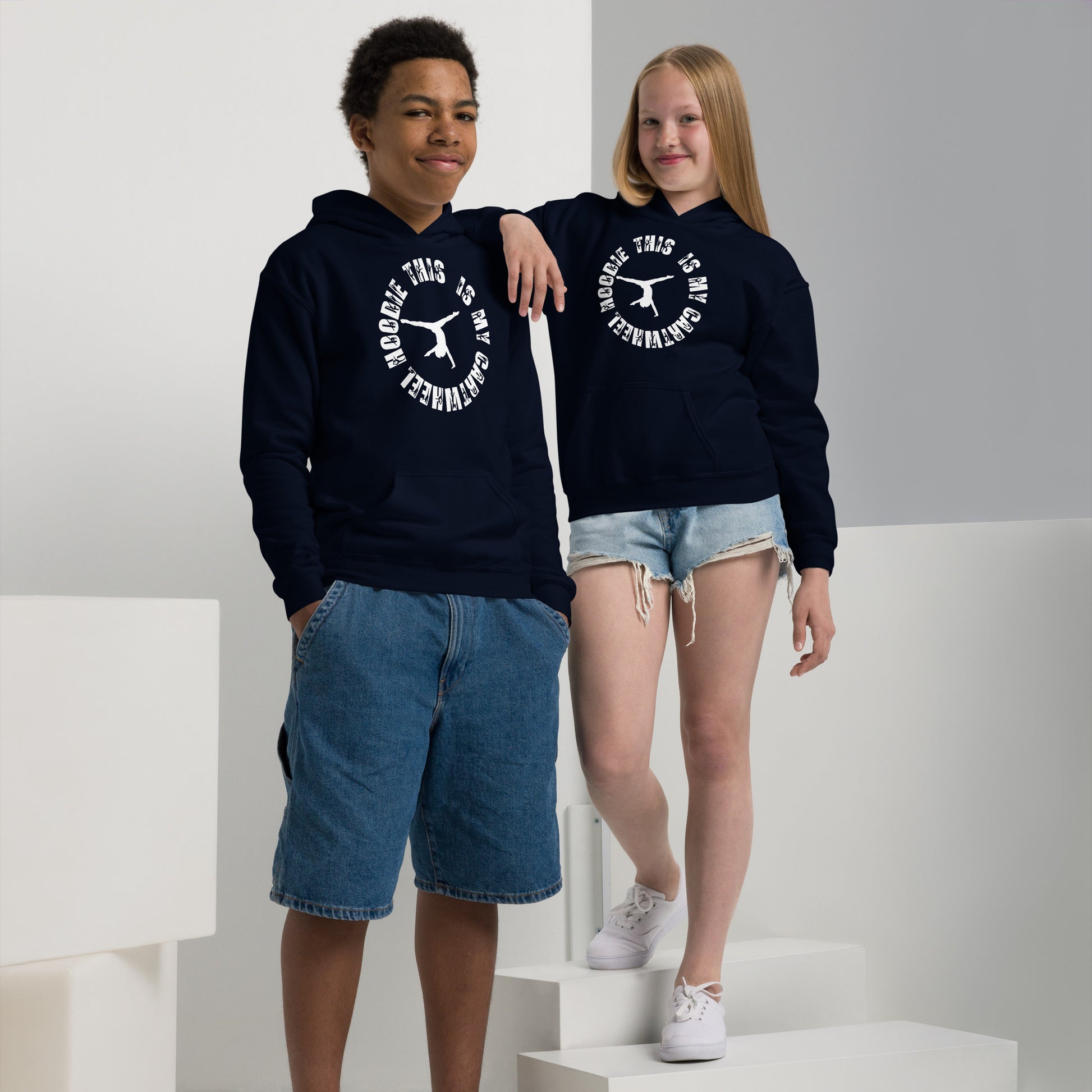 Kids gym hoodie in dark navy with hood and front kangaroo pocket, white logo graphic