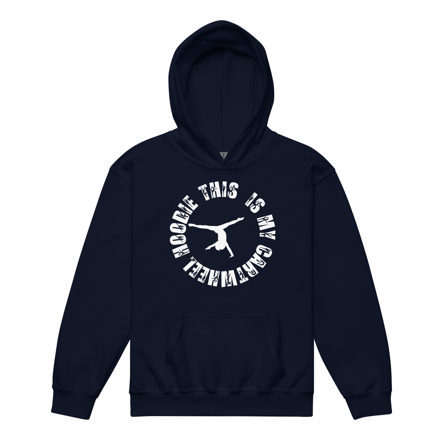 Navy kids gym hoodie with hood and front kangaroo pocket, white logo graphic