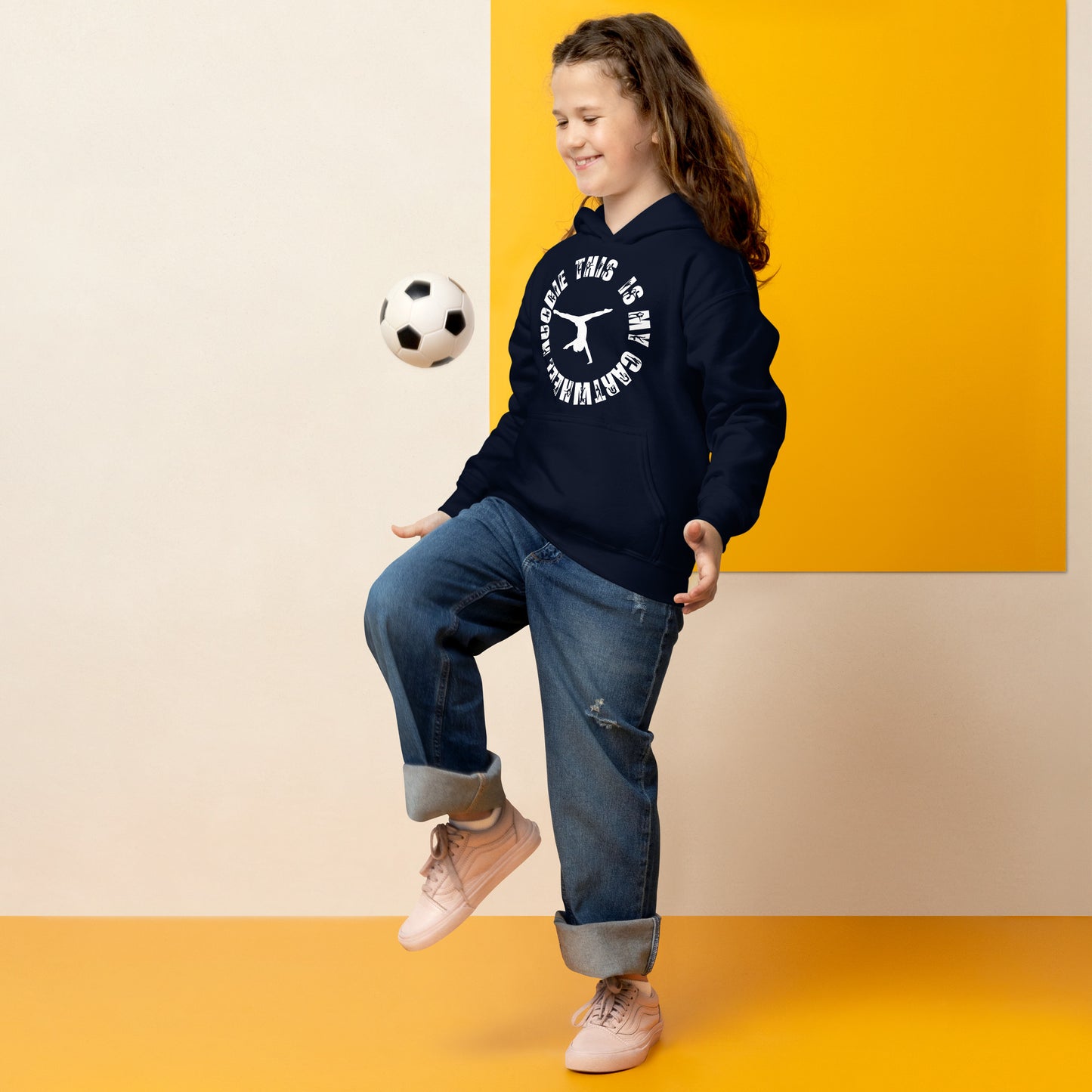 Kids dark hoodie with white circular cartwheel logo on front, hood and kangaroo pocket